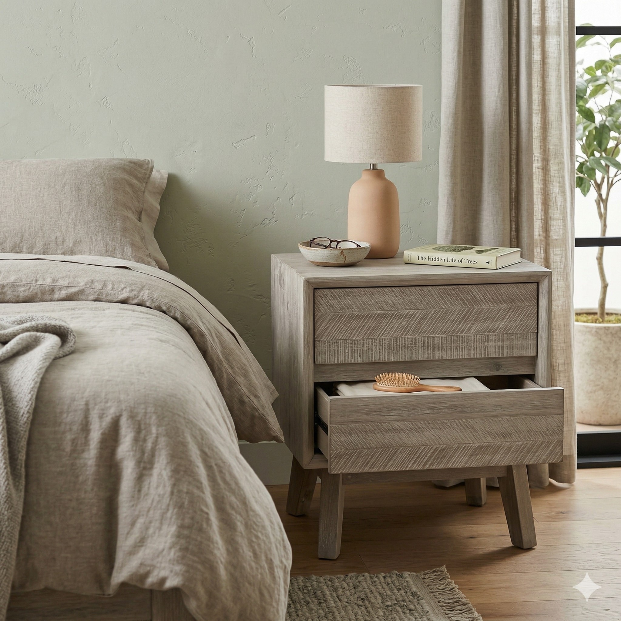 Scandinavian Madrid Solid Wood Bedside Table in Beige Colour - Nestnordic