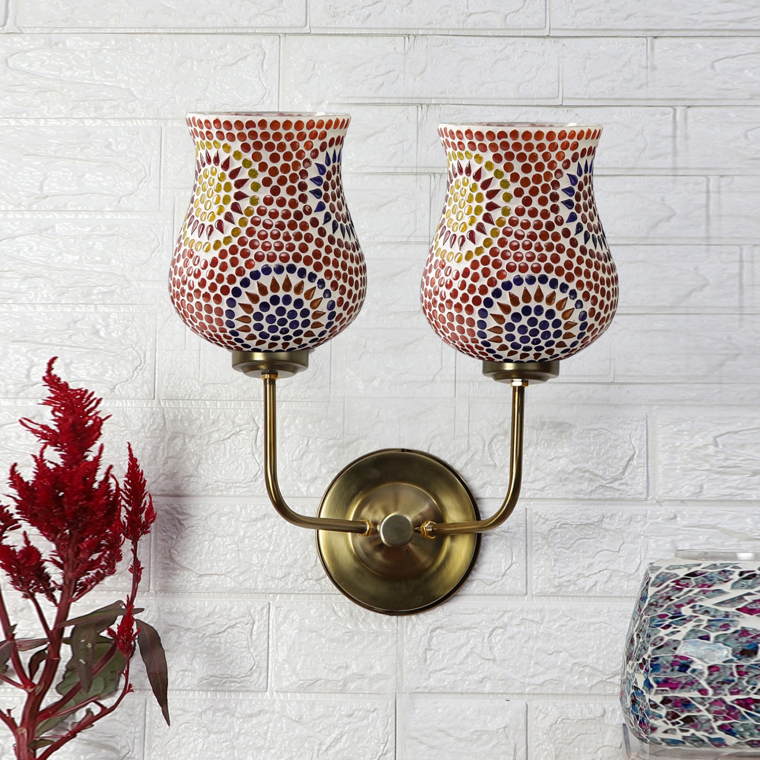 Devansh Metal Electric Wall Light in Gold Colour with Multicolor Shade Count of 2 Lights
