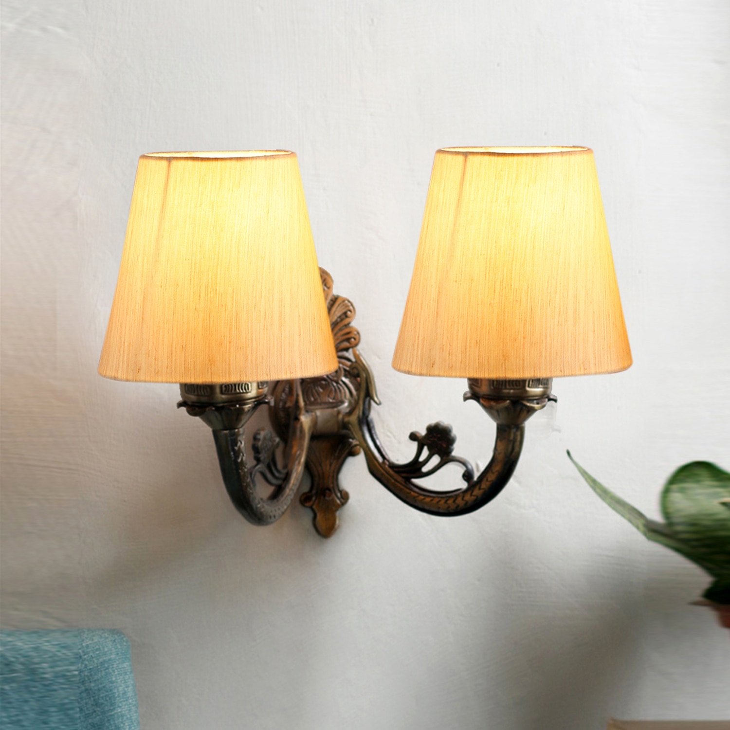 Devansh Metal Electric Wall Light in Antique Gold Colour with off-white Shade Count of 2 Lights - Devansh