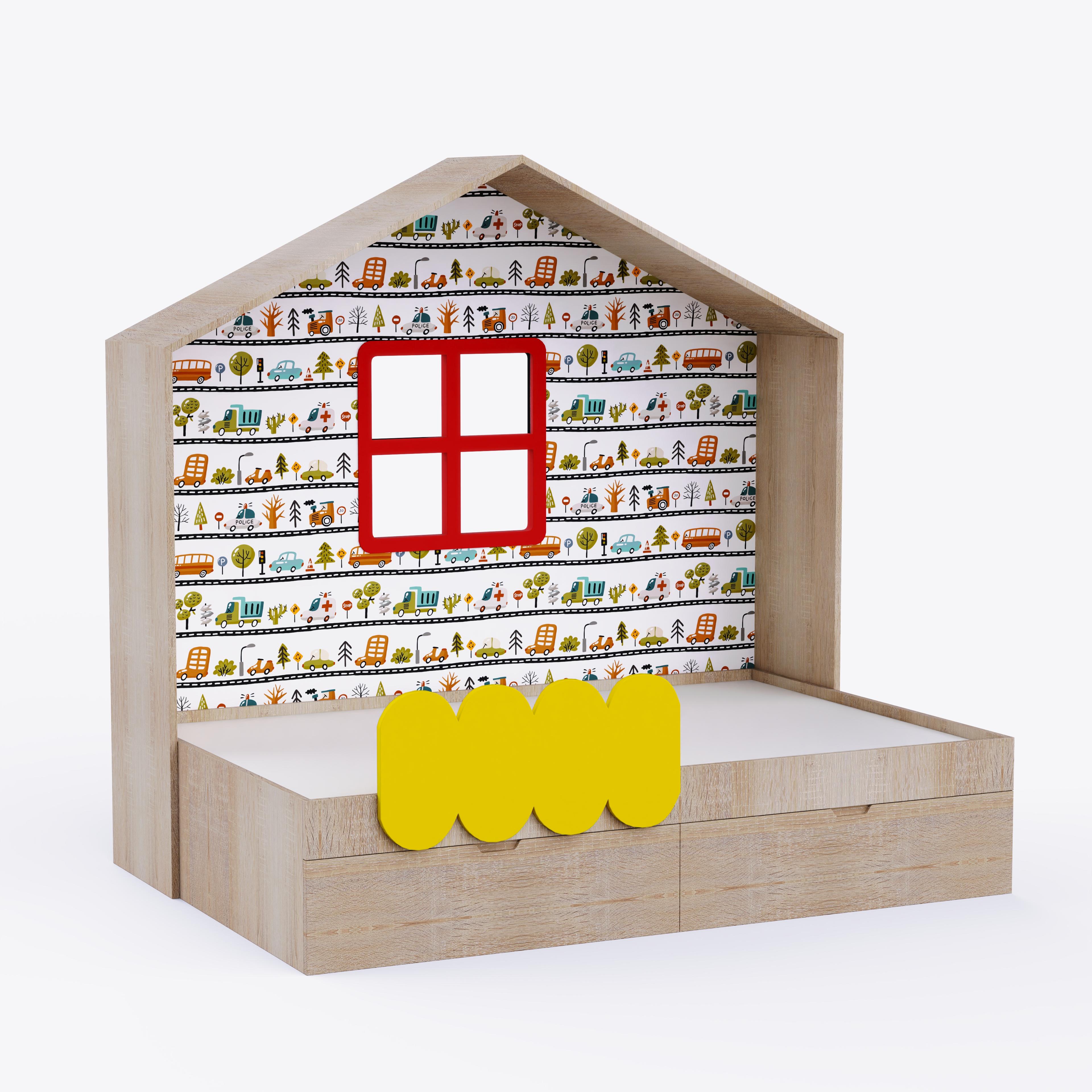 Little Hut Bed  6X3 ( Drawers On Wheels) In Oak & Yellow Colour