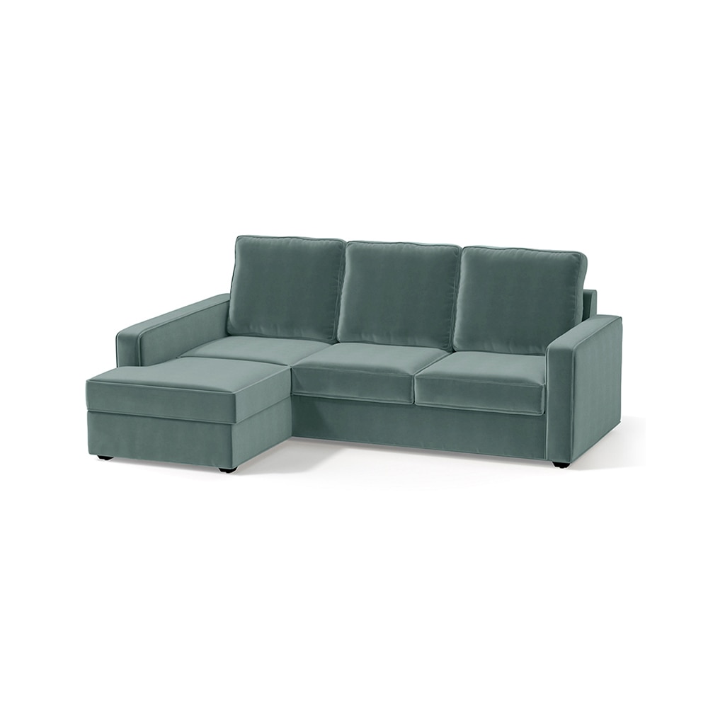 Apollo Compact Sofa (Colour : Dusty Turquoise Velvet, Cushion : Soft, Back Type : High Back, Seating Capacity : Left Aligned 2 Seater + Left Aligned Chaise + Ottoman) - Urban Ladder