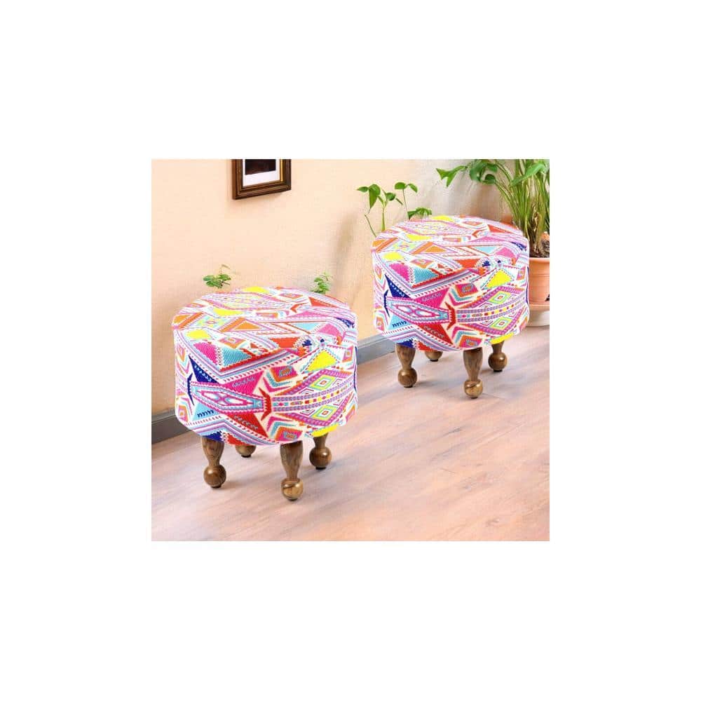 Louisville Acacia Wood Parisian Round Set of 2 Pouffe in Multicolour