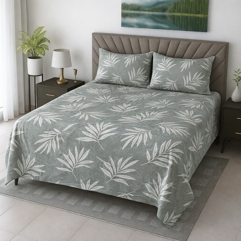 Rian Grey Floral 400 TC Cotton Flat Queen Size Bedsheet with 2 Pillow Covers – Threads