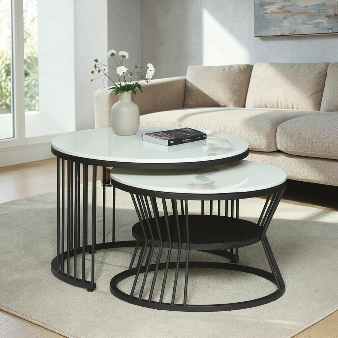 Metalzu Square Metal Nesting Coffee Table Set Black Finish White Porcelain Top Set Of 2 - Bhavya Exports