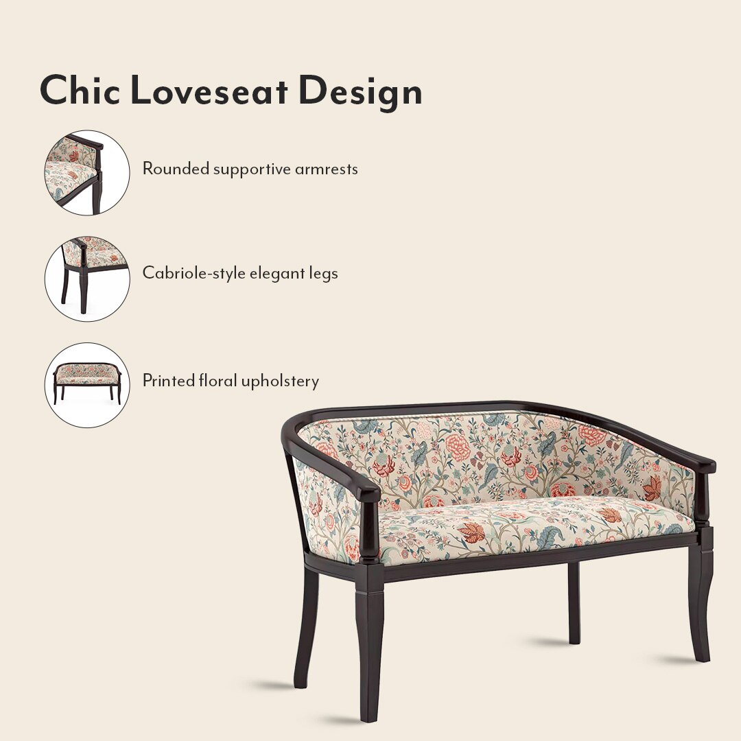 Florence Loveseat 2 Seater In Mahogany Finish With Calico Floral Retreat Fabric Colour