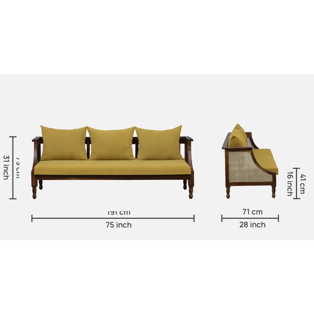 Heston 3+1+1 Seater Wooden Sofa in Yellow Fabric