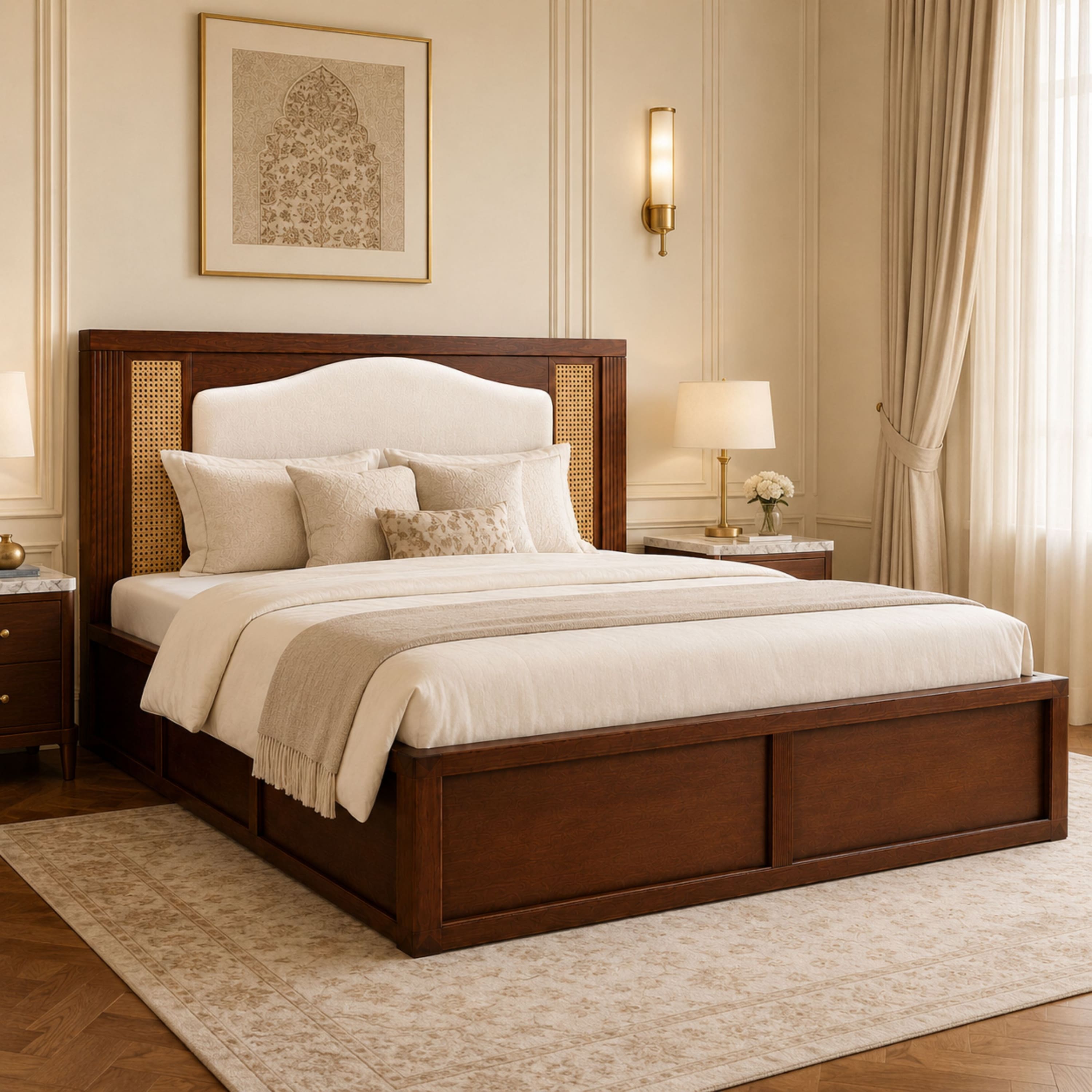 Tarang Solid Wood Compact Queen Bed Hydraulic Storage Provincial Teak Finish Mattress 60 x 72 Inches - Globally Indian