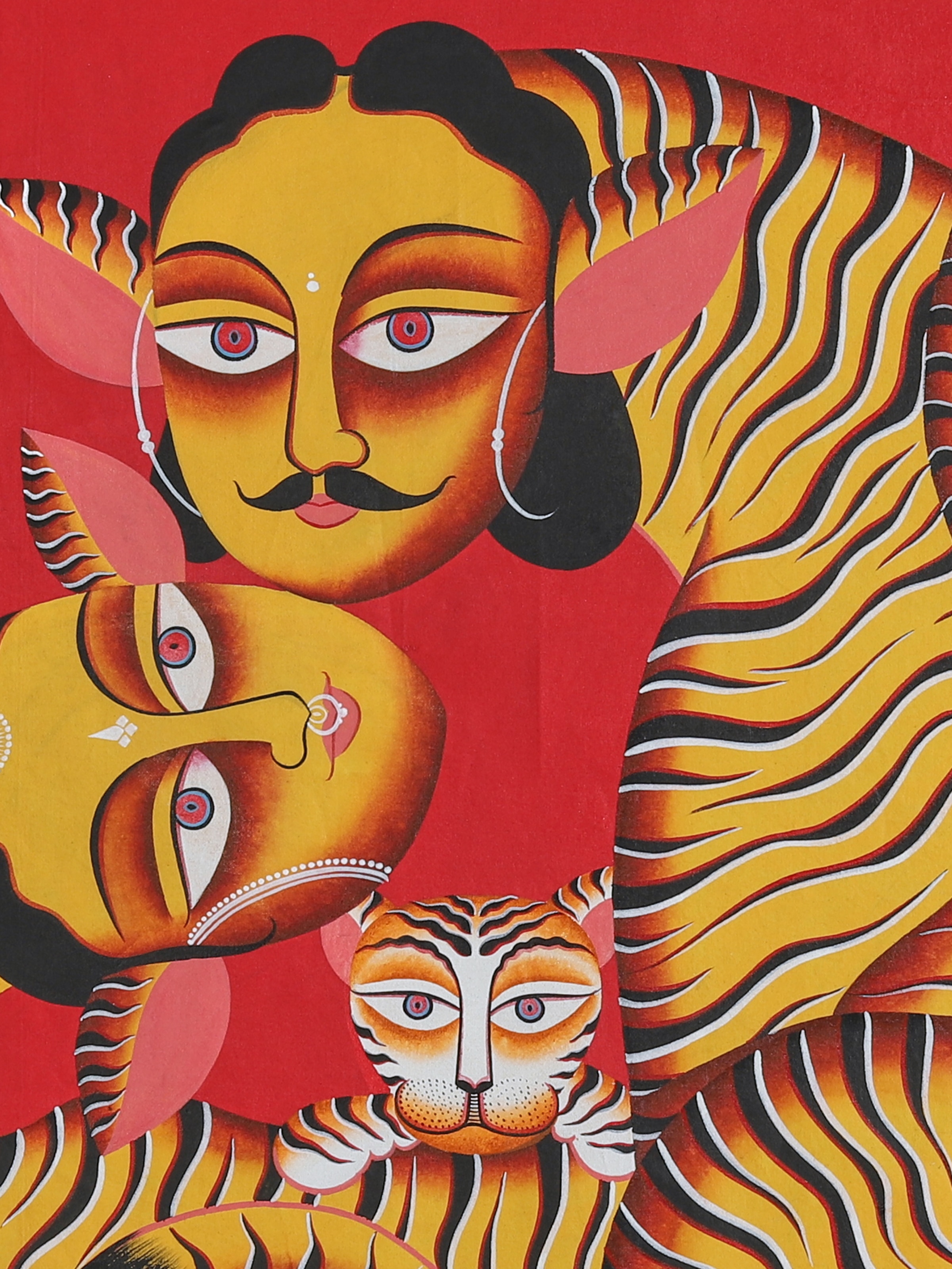 Close-up detail view of tiger couple Kalighat folk art painting texture
