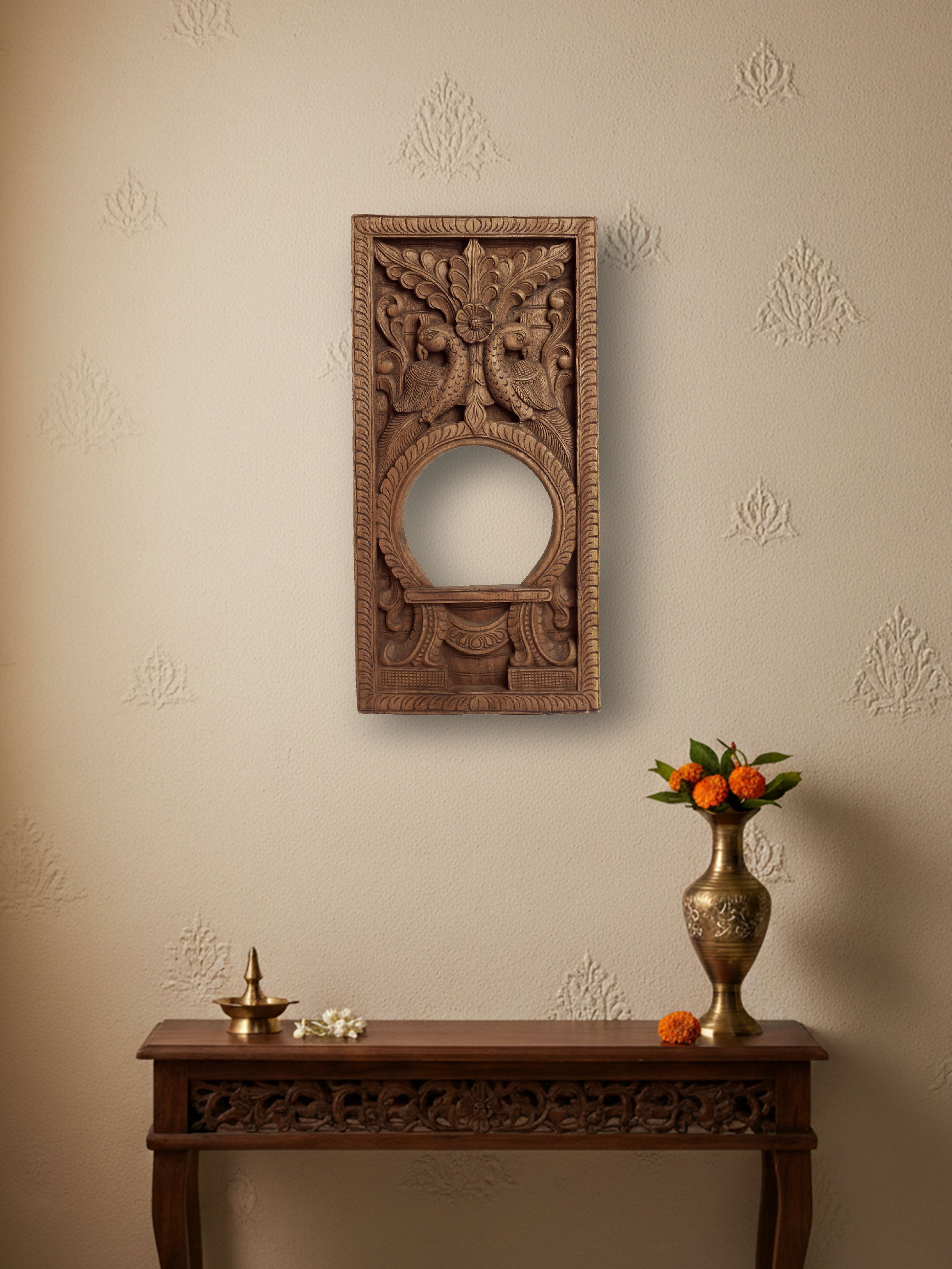 Wood Carved Mirror Panel Sculpture