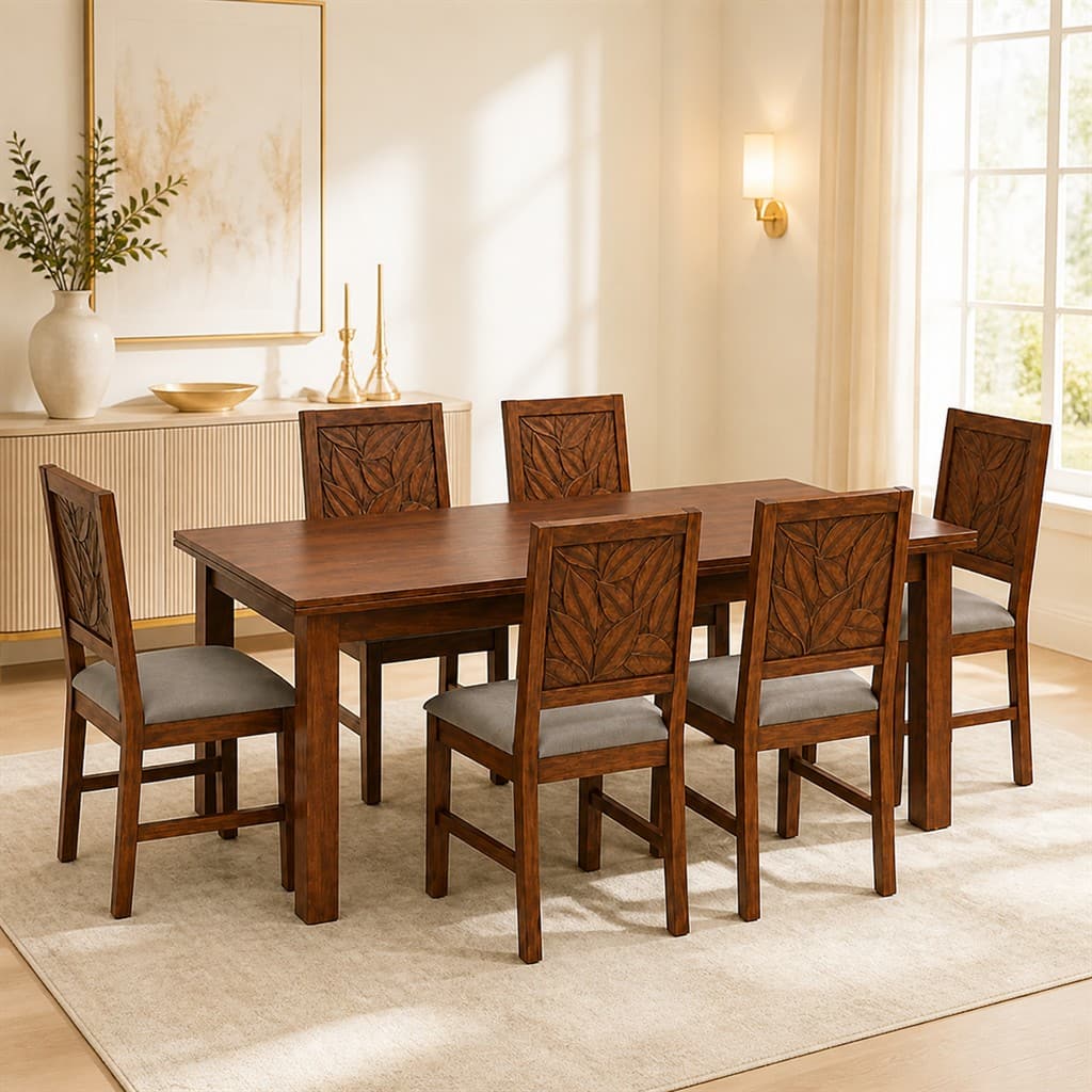 Globally Indian Amelie Solid Sheesham Wood 6 Seater Dining Table Set 6 Chairs Grey