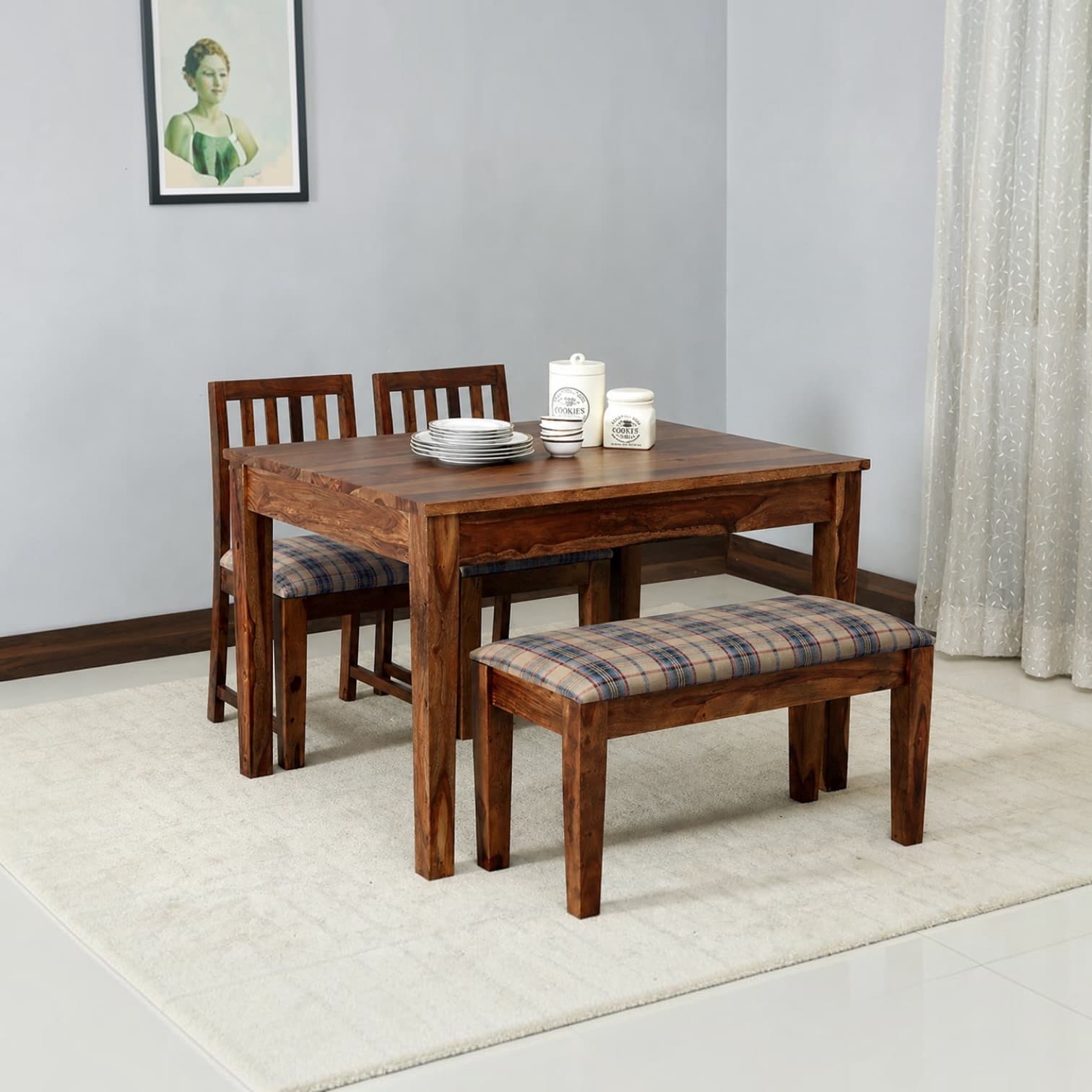 Arbor 4 Seater Dining Set with Check Cushioned Bench - Interior Valley