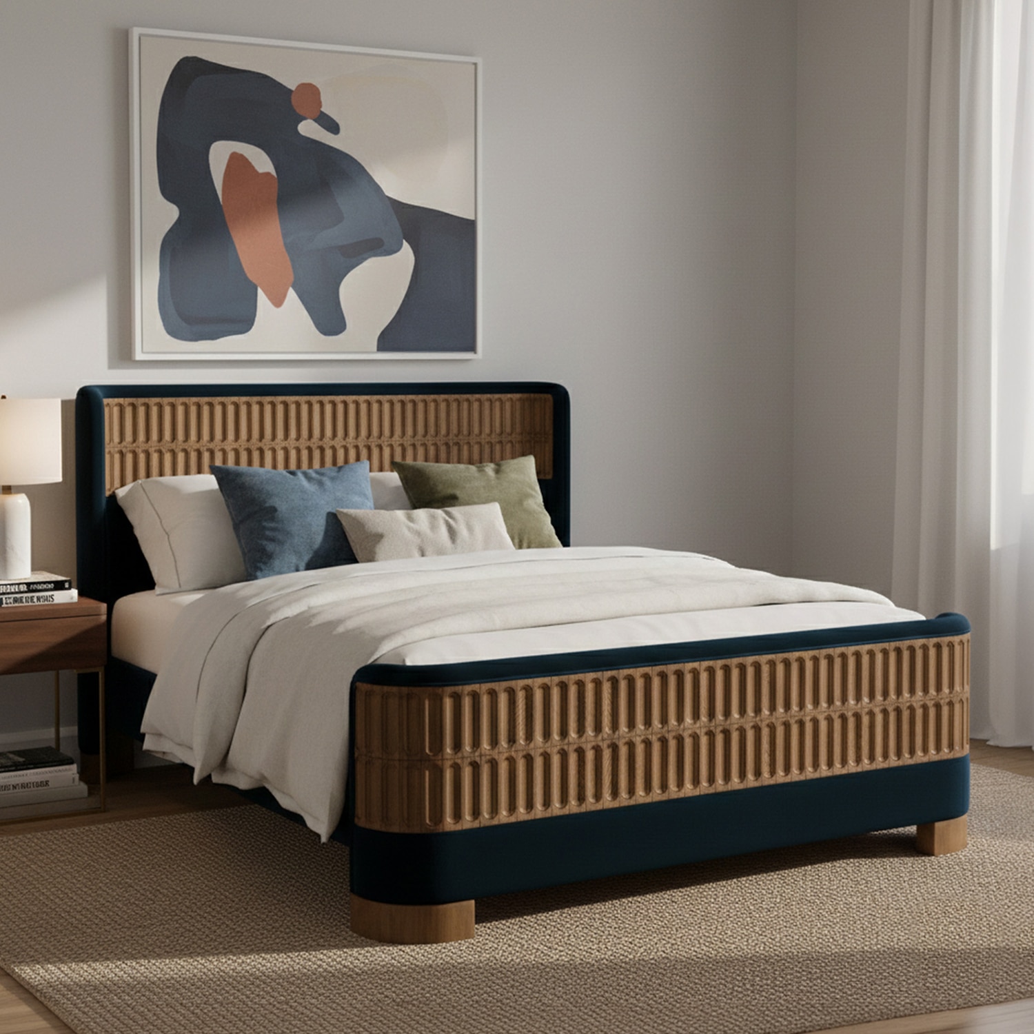 Heritage Cane Upholstered Queen Size Bed in Linen With Oak wood Frame - Nestroots
