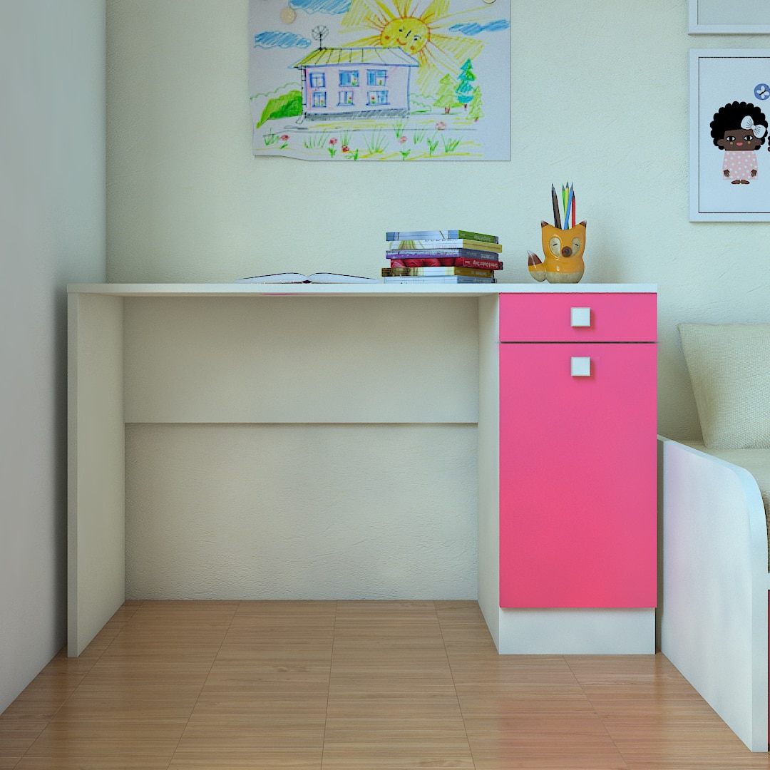 Celestia Kids Study Desk with Shuttered Cabinet and Drawer in Barbie Pink Colour