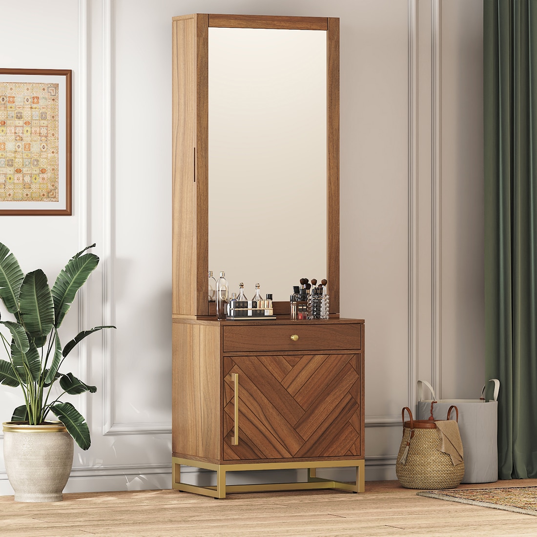Nina Dressing Table with Storage Drawer in Amber Walnut Finish