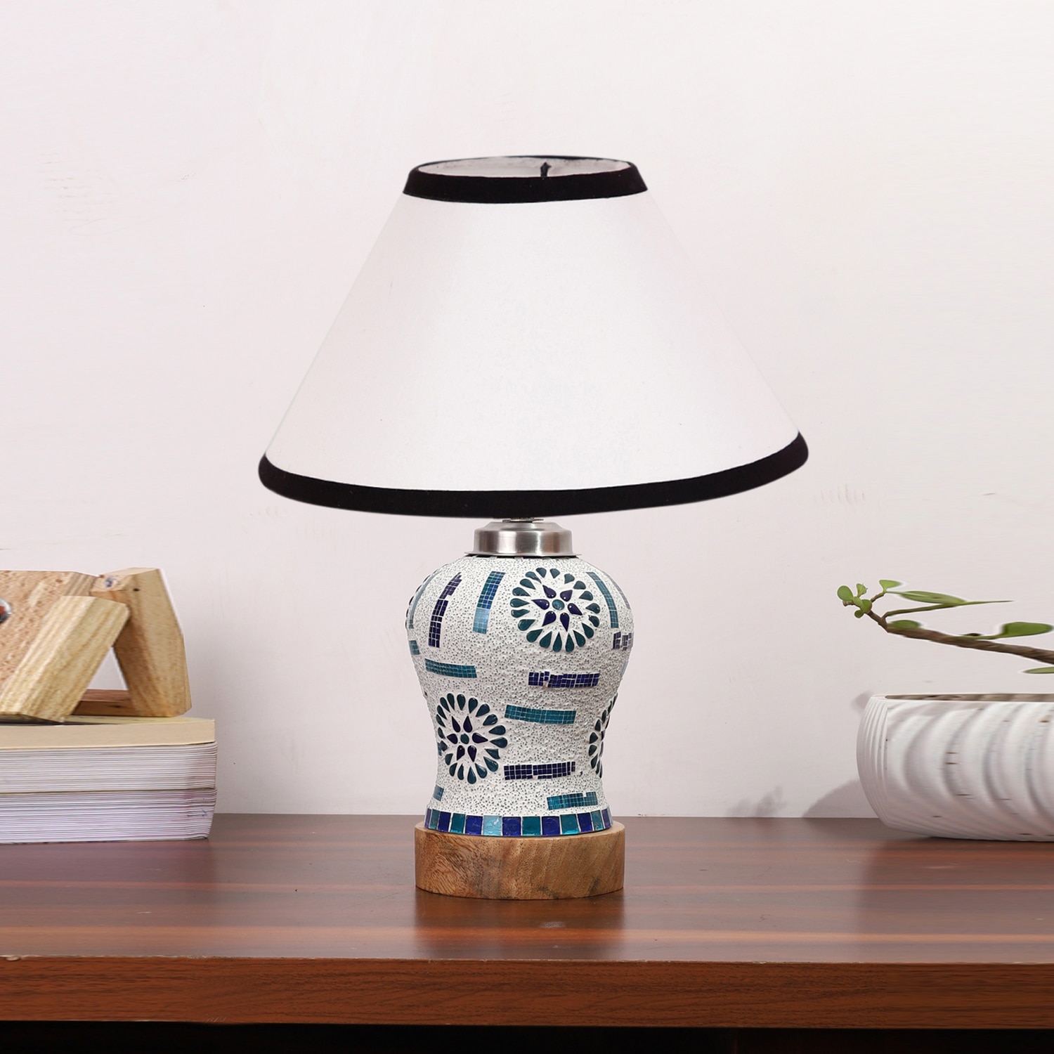 Devansh Conical White & Black  Cotton Shade Lamp With Wood & Mosaic Glass Base For Decoration/Office/Home/Gifting/Study For Decoration/Office/Home/Gifting/Study -(10X10X14.5) Inches -A
