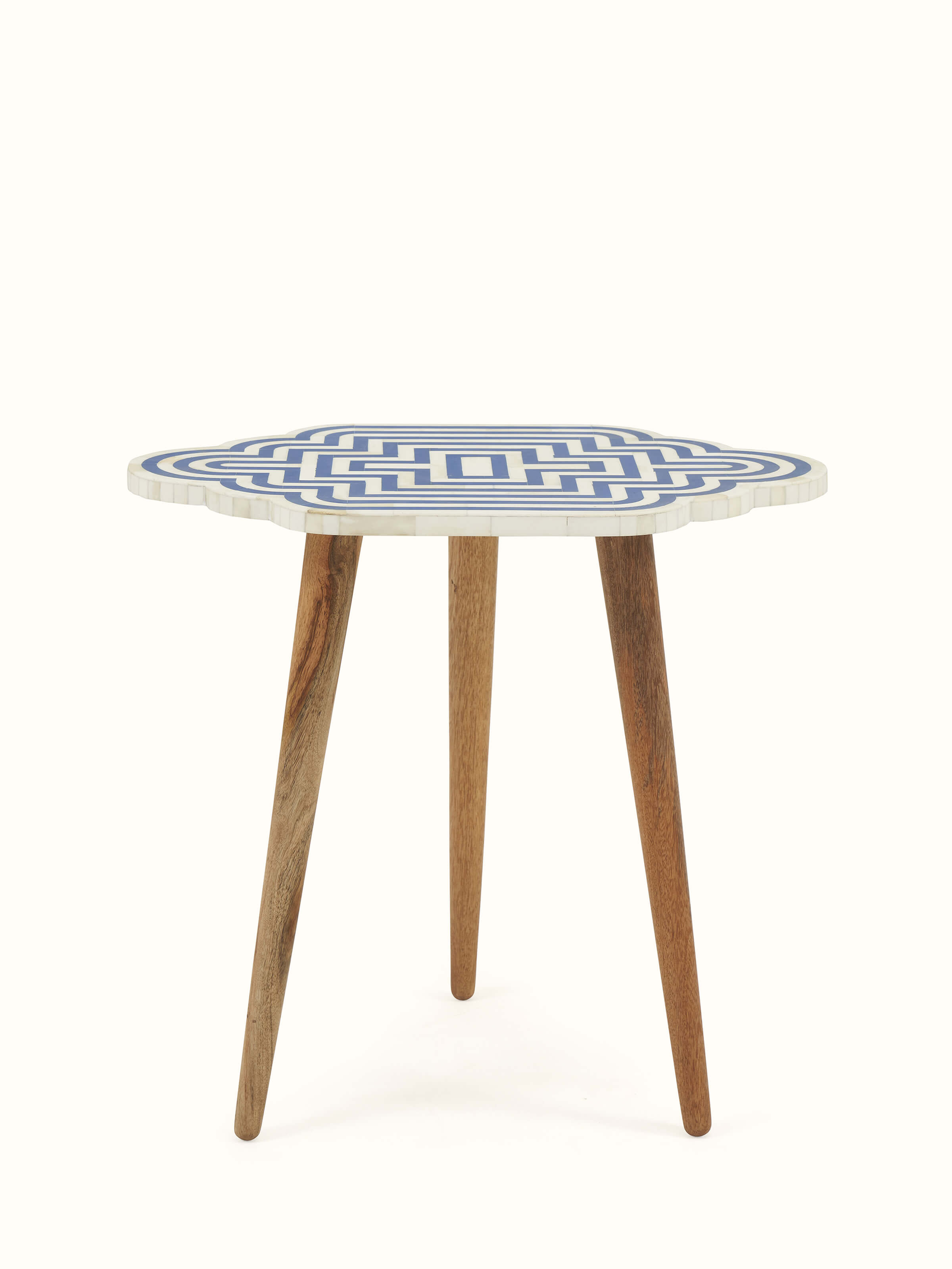 Front view of Blue Acacia Wood Bone Inlay Nesting Tables (2 Pcs) highlighting the intricate bone inlay and multi-functional design.