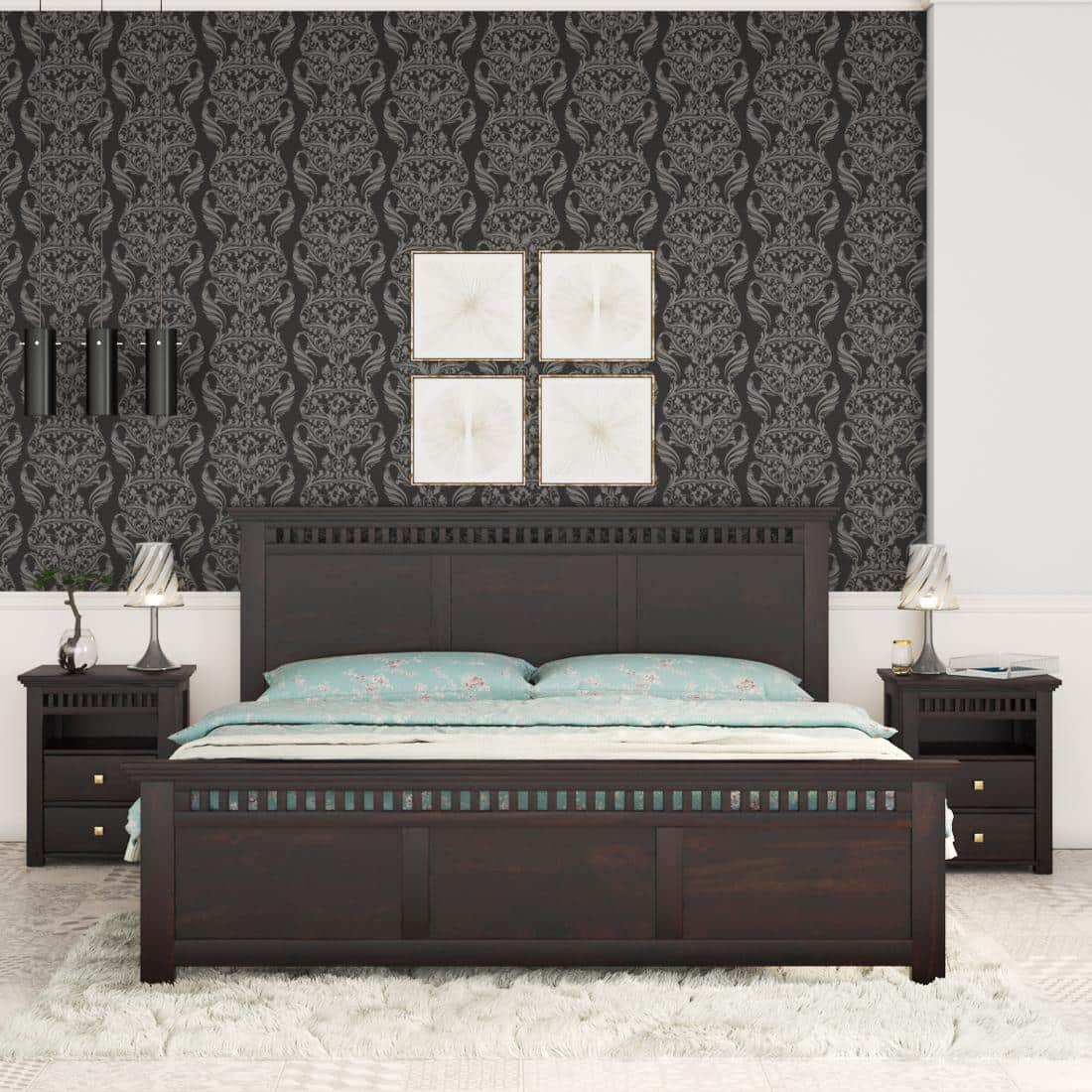Madhvi Solid Wood Queen Size Bed Without Storage Bed In Walnut Finish