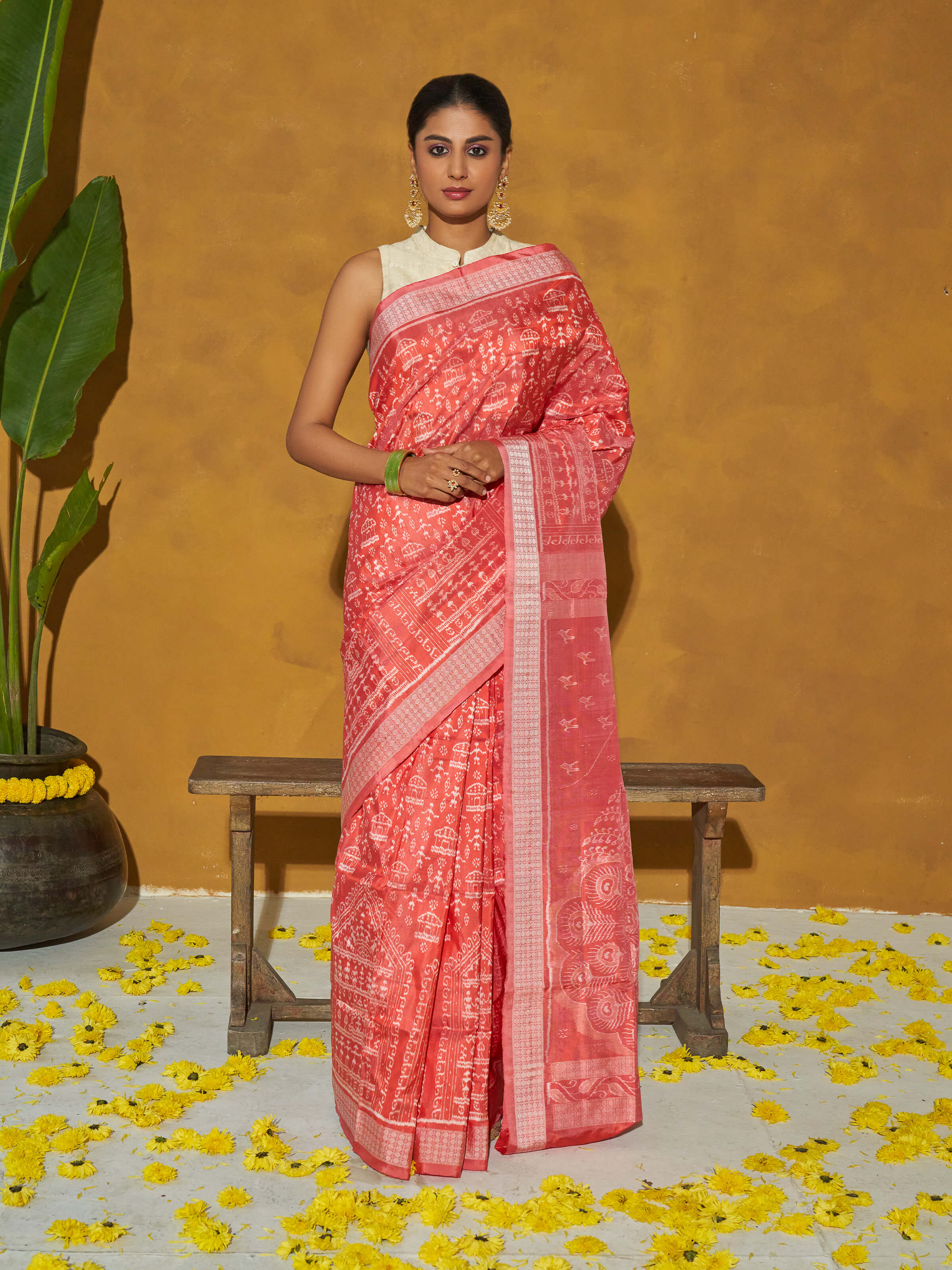Peach Mulberry Silk Bandha Odisha Ikat Saree