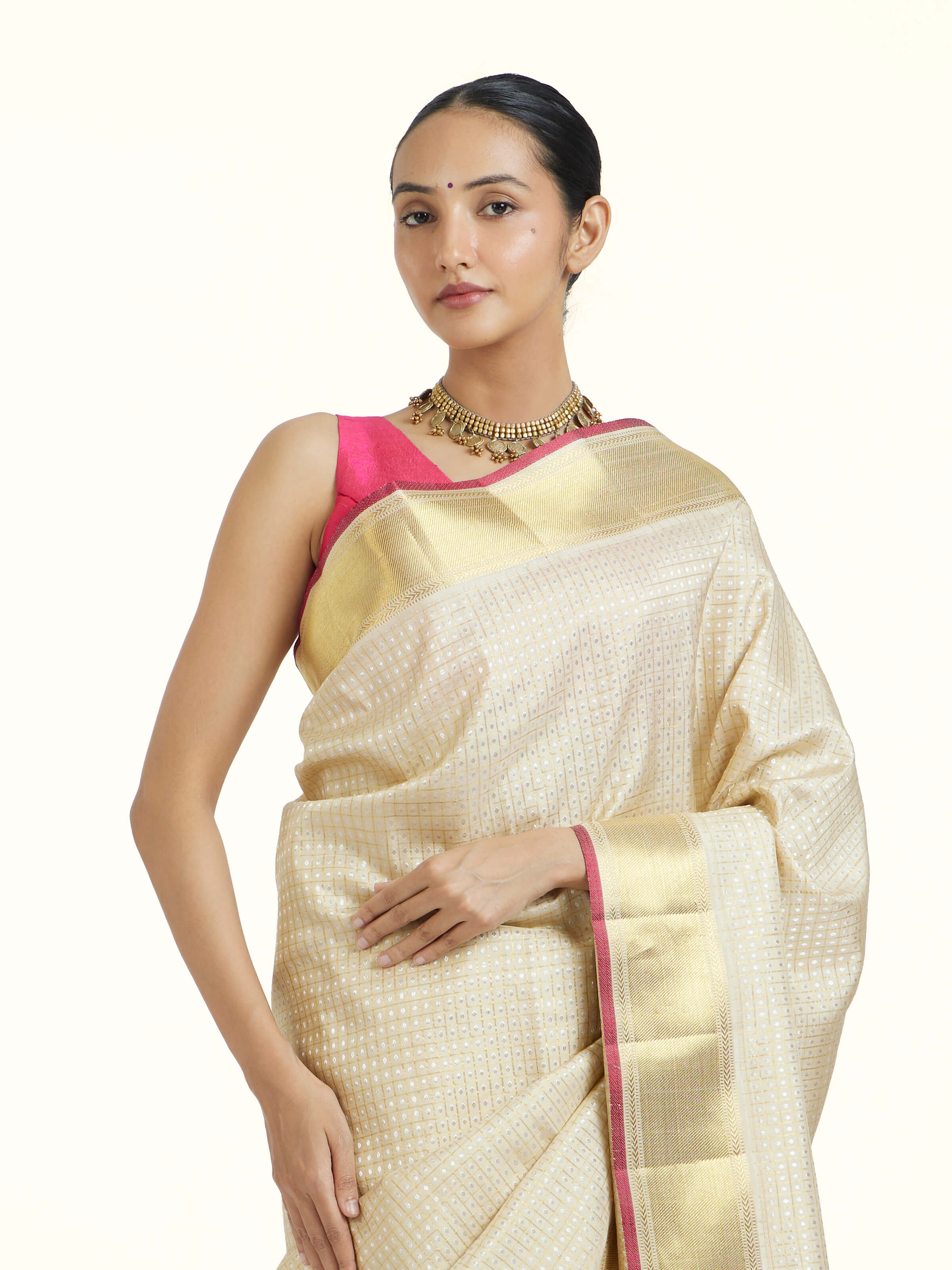 Beige Kancheepuram Silk Zari Saree