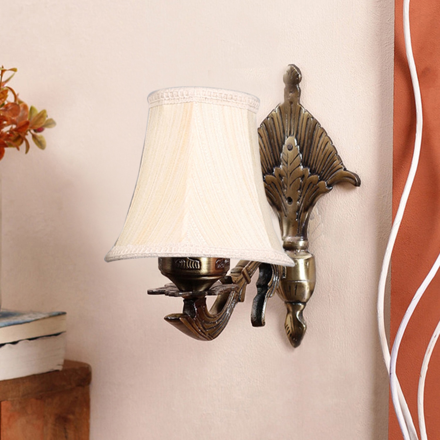 Devansh Gold Antique Wall Mounted Lamp With Off-White Cotton Shade