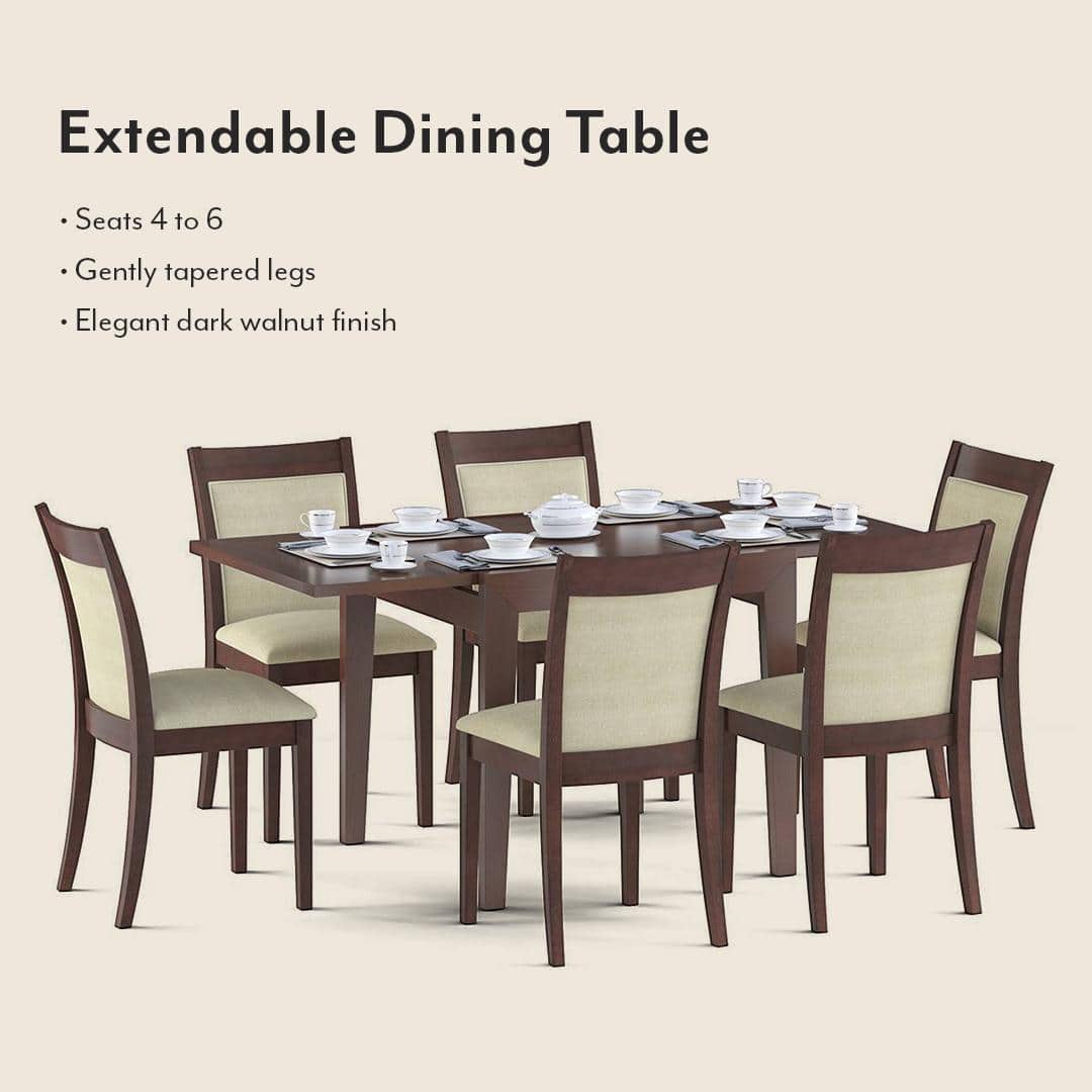 Murphy 4-To-6 Extendable - Dalla 6 Seater Dining Table Set (Colour- Beige, Finish- Dark Walnut)