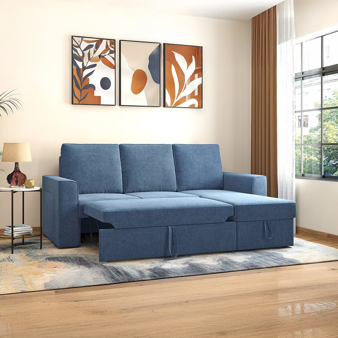 Kowloon Sectional Sofa Cum Bed with Storage Colour Baltic Blue premium chenille