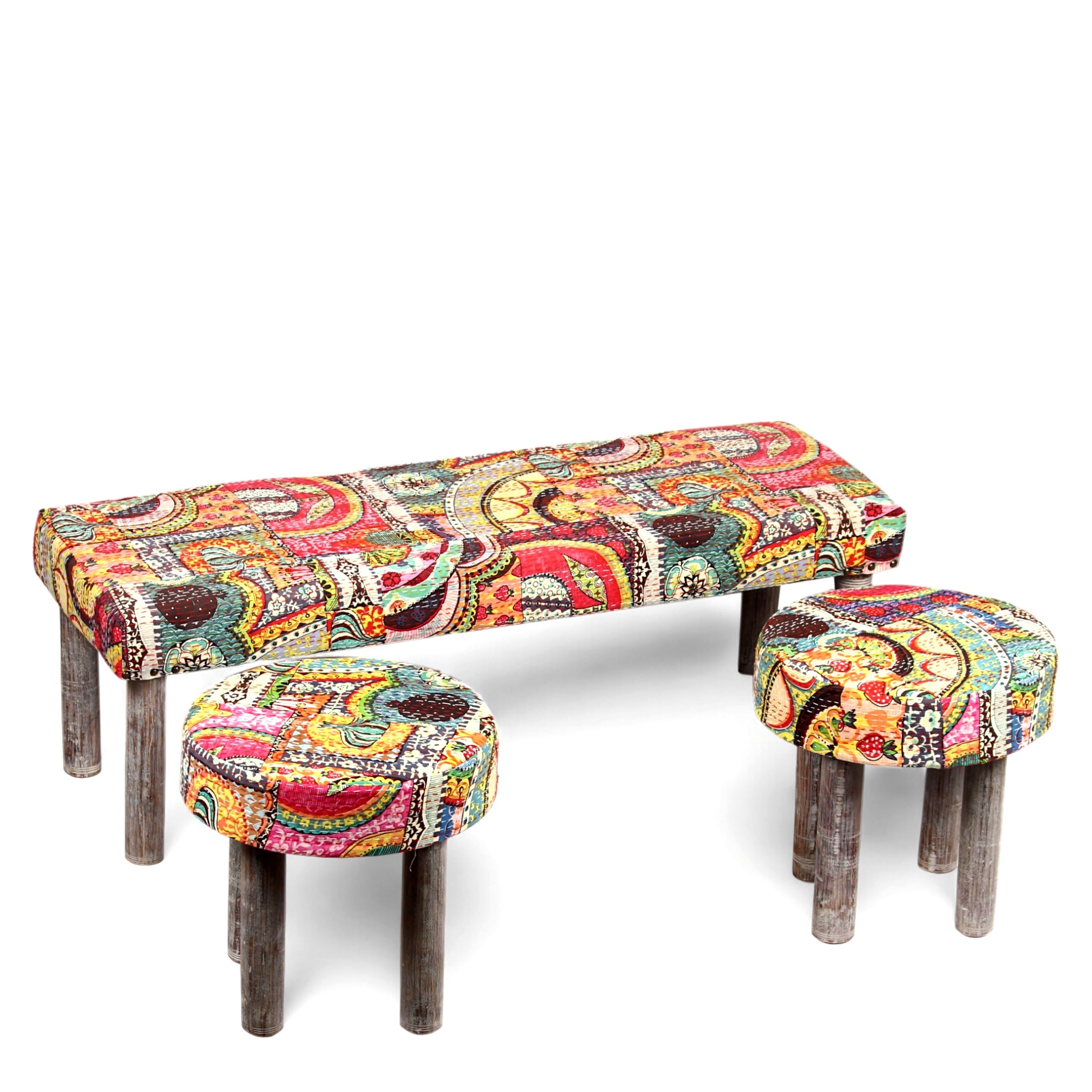 Asteria Solid Wood 2 Seater Bench Set With 2 Stools In Multi Colour Israel Print Kantha Fabric