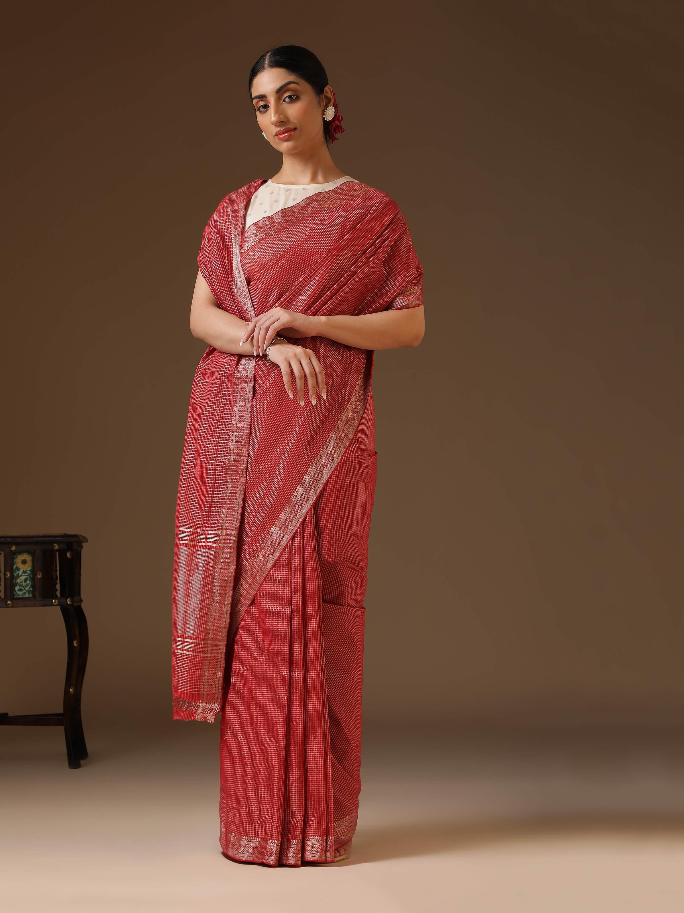 Red Cotton Blend Mangalgiri Saree