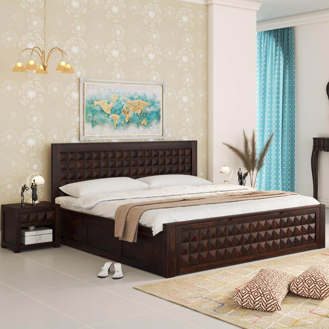 Keaton Sheesham Wood Queen Size Bed Drawer And Box Storage Walnut Finish (60 x 78 inches)