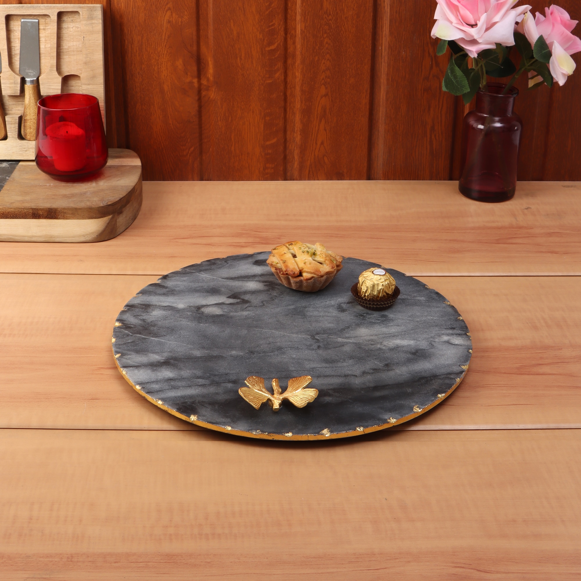 White Marble Round Platter with Gold Foil Work and Brass Butterfly Embedding, Multi-Utility - NikkisPride