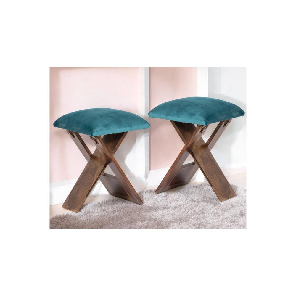 Dayton Sheesham Wood Accent Square Set of 2   Stools in Turquoise Sea Velvet Upholstery