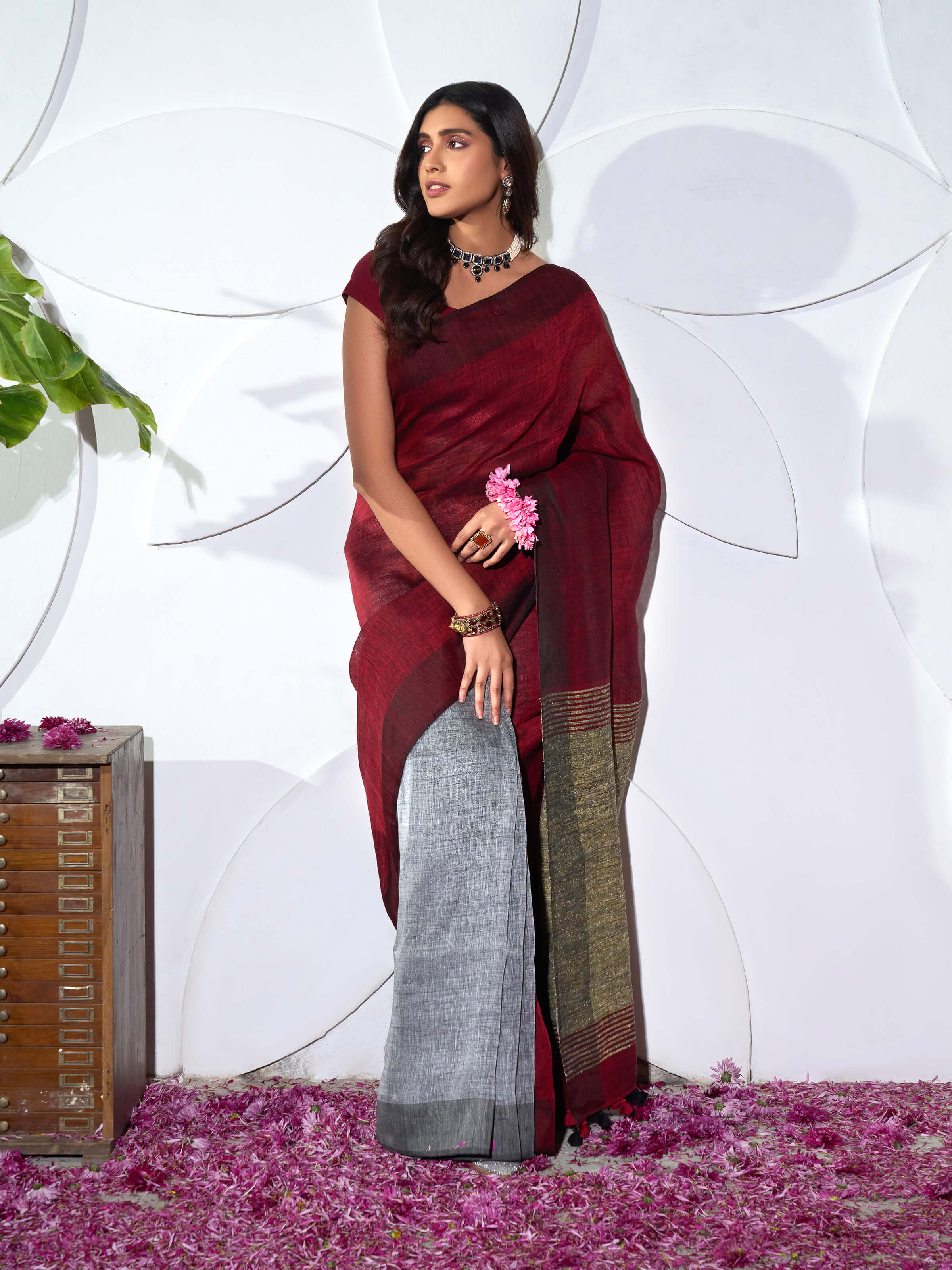 Side view of grey linen saree with natural drape and lightweight fall