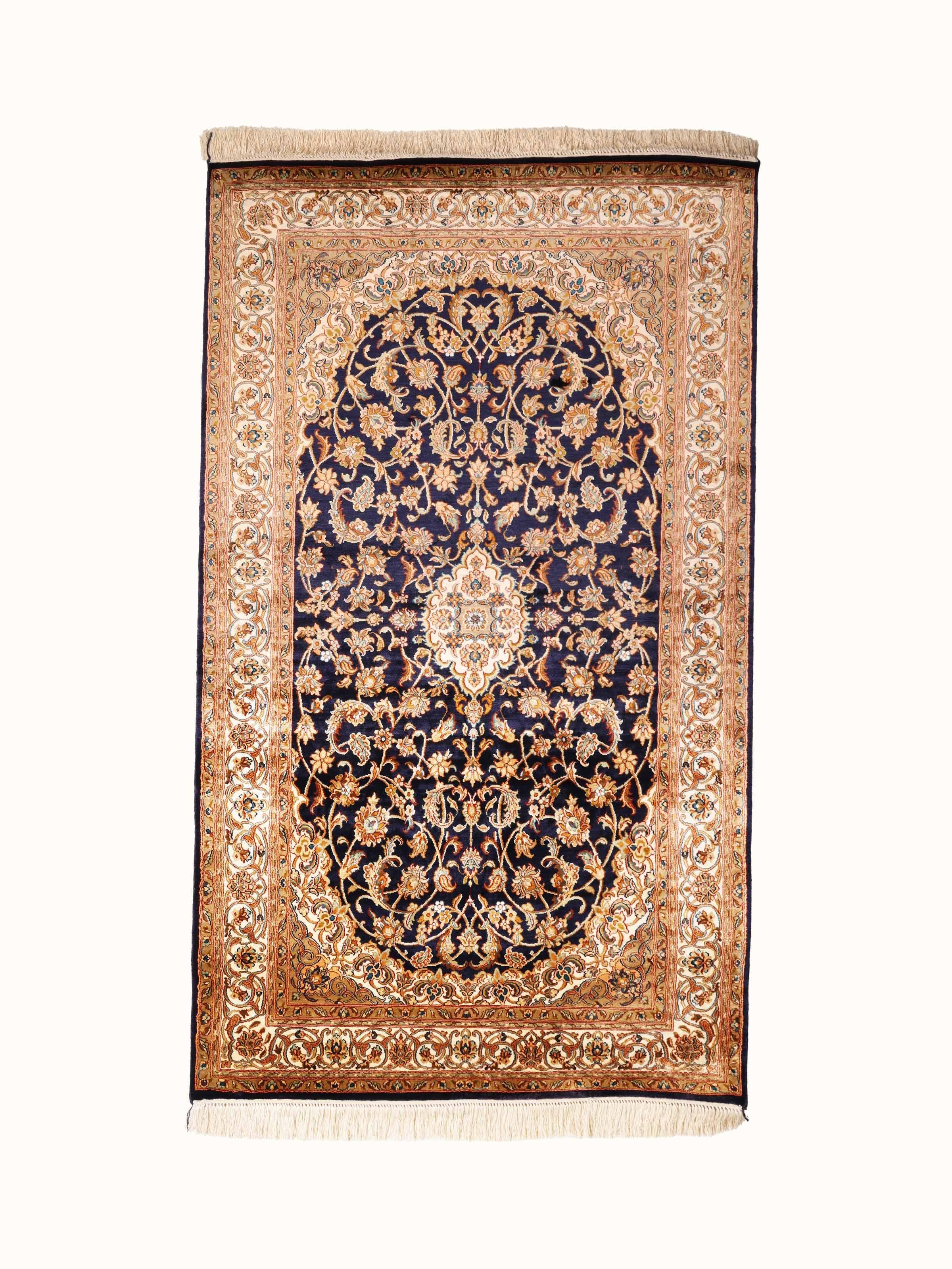 Traditional Persian Navy Beige Kashan Kashmir Silk Hand-Knotted Carpet