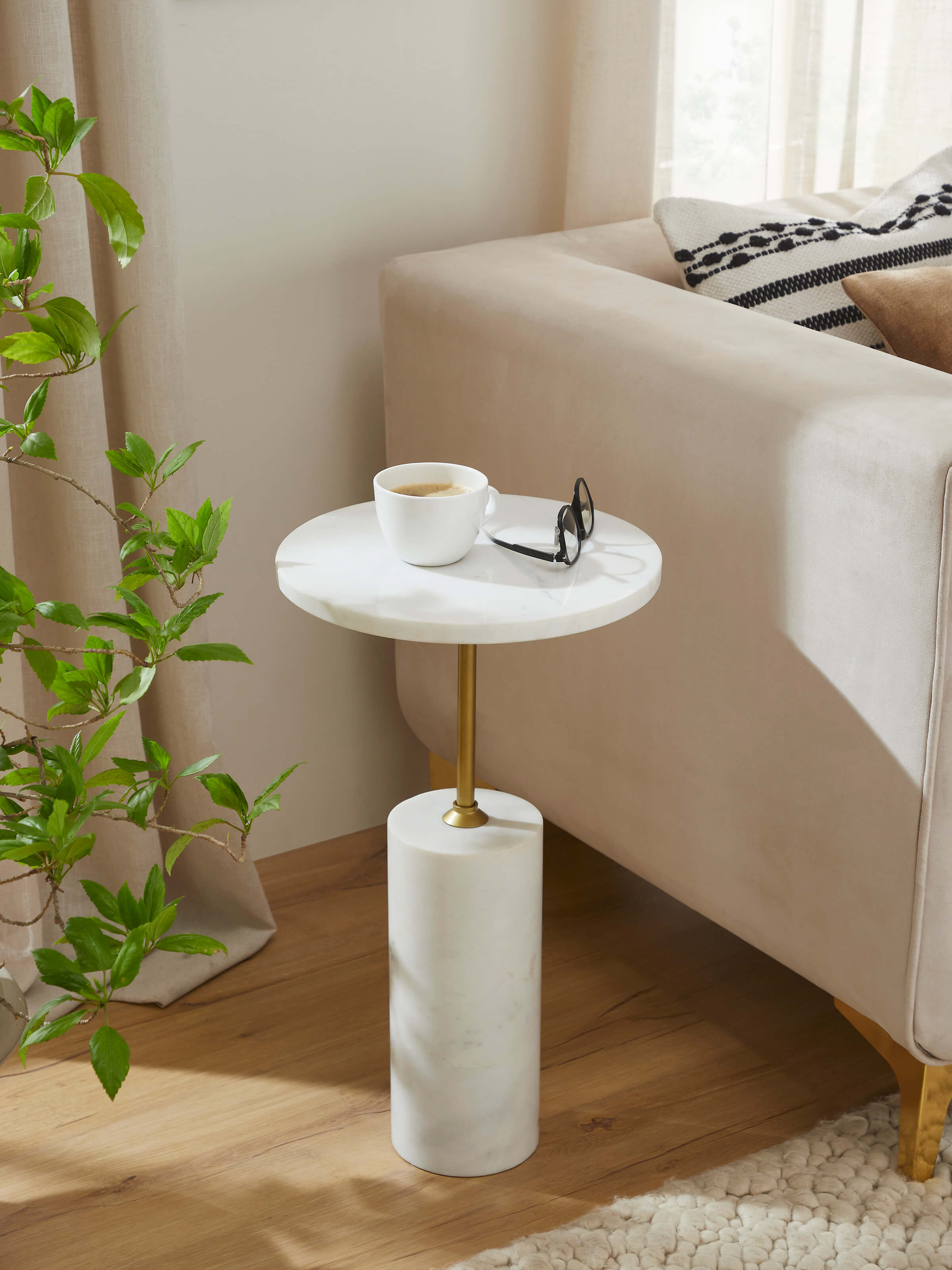 Lifestyle view of Marble Stone Carving Brass Finish End & Side Table