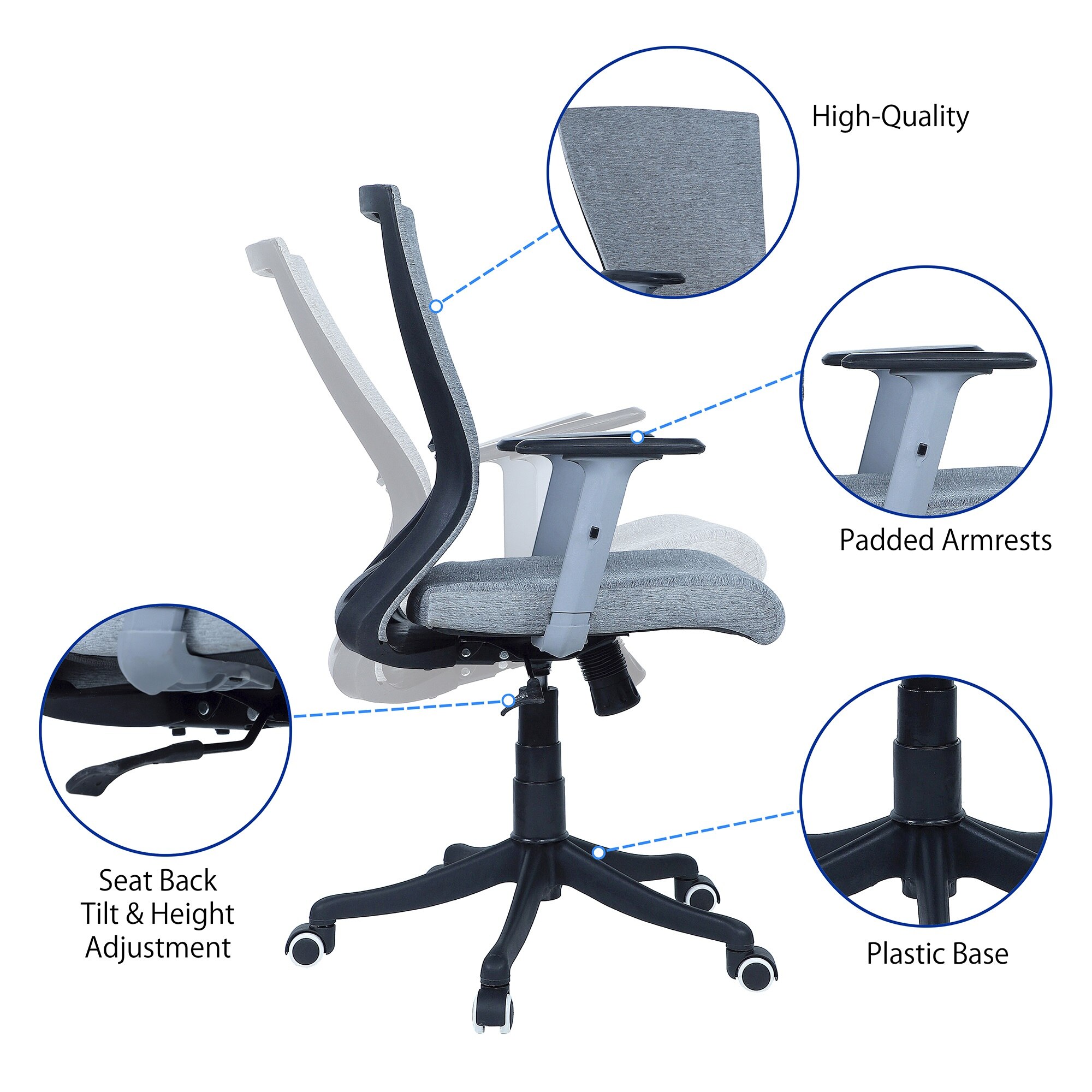 Rocknew York Mid Back Ergonomic Chair in Grey Colour