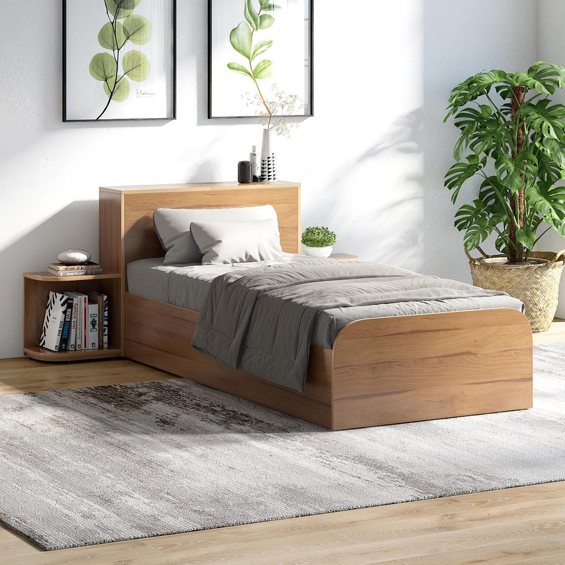 Vienta Engineered Wood Single  Size Bed With Box Storage (Brentwood Oak Brown Finish) - Durian