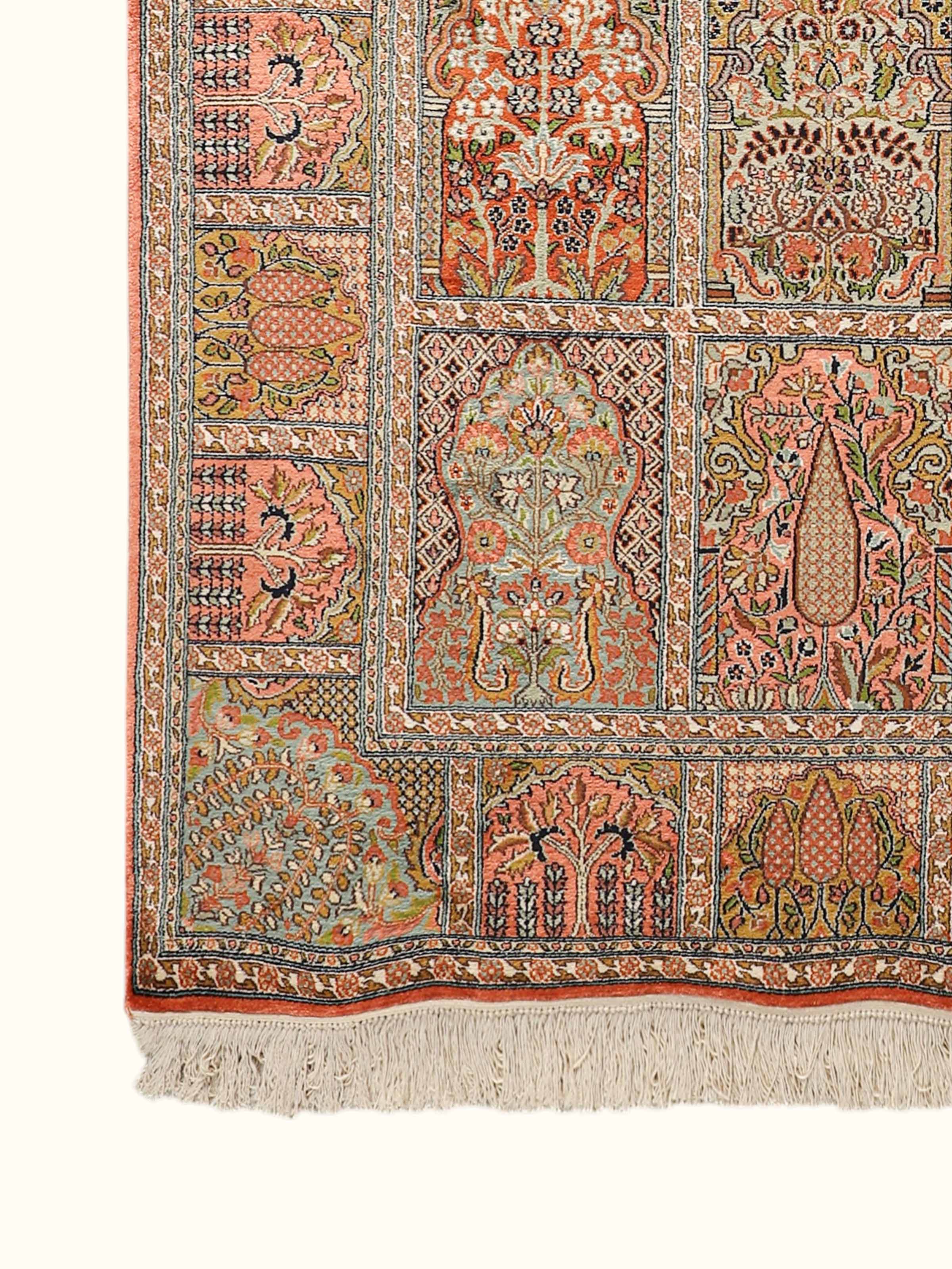 Traditional Persian Rust Blue Hamadan Kashmir Silk Hand-Knotted Carpet