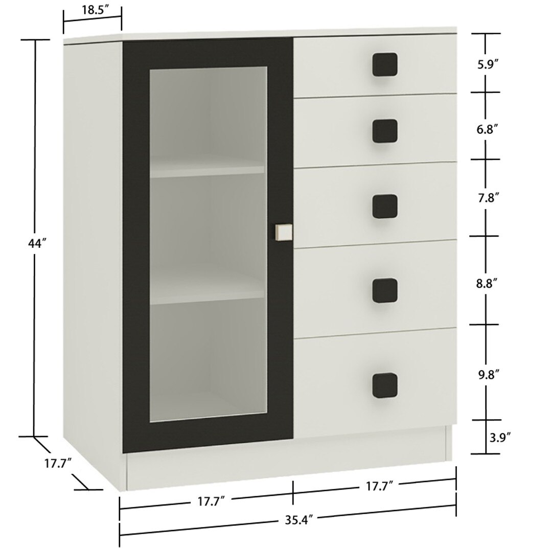 Rivera Crockery Unit-cum-Chest of Drawers with 5 Drawers and Toughened Glass Ivory - Carbon Black