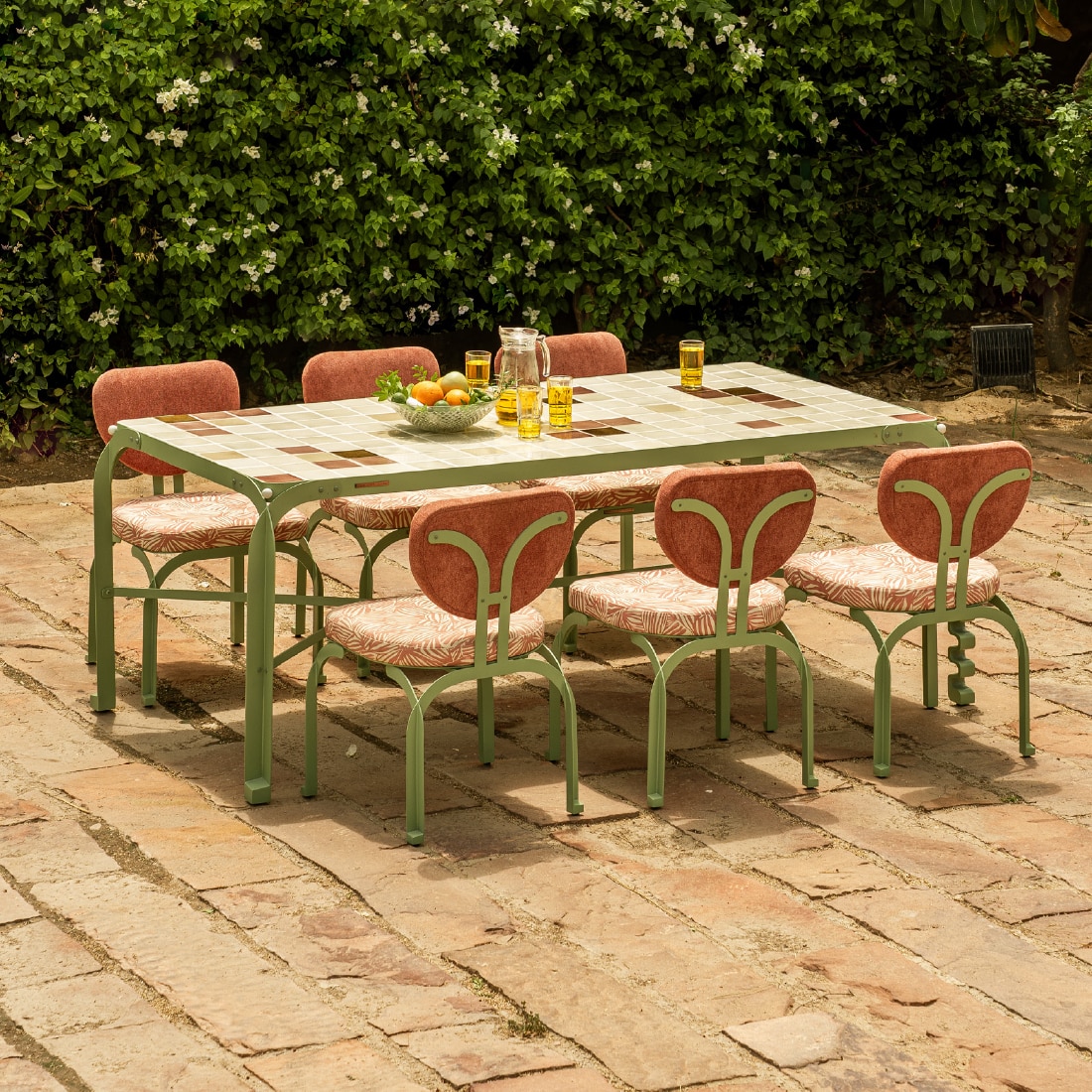 Dastoori Ceramic Tile Outdoor Dining Table with Six Chairs in Beige Colour