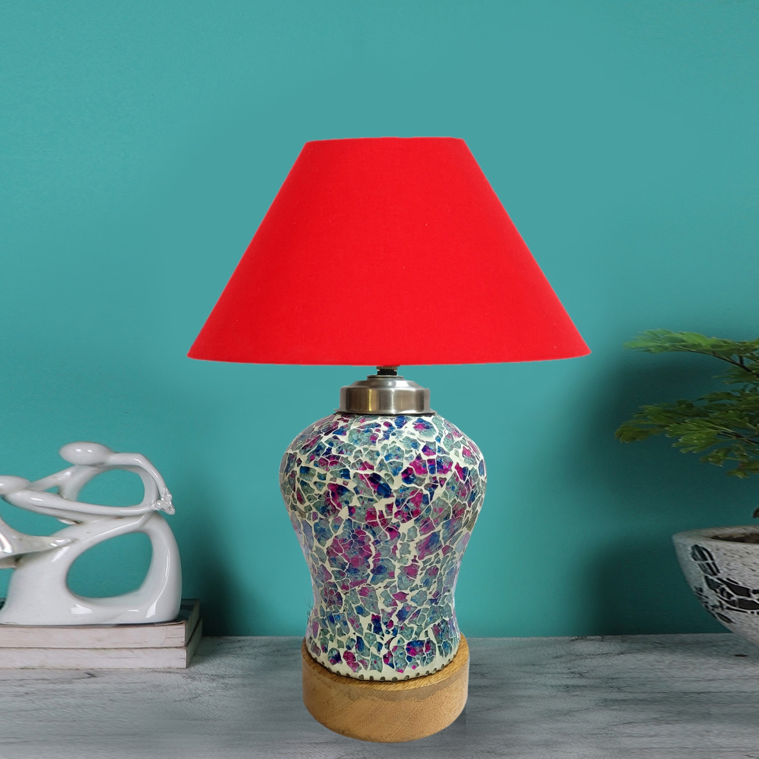 Devansh Conical  Red Cotton Shade  Lamp With  Wood & Mosaicglass Base For Decoration /Office/Home/Gifting/Study For Decoration /Office/Home/Gifting/Study -(10X10X14.5) Inches - - Devansh