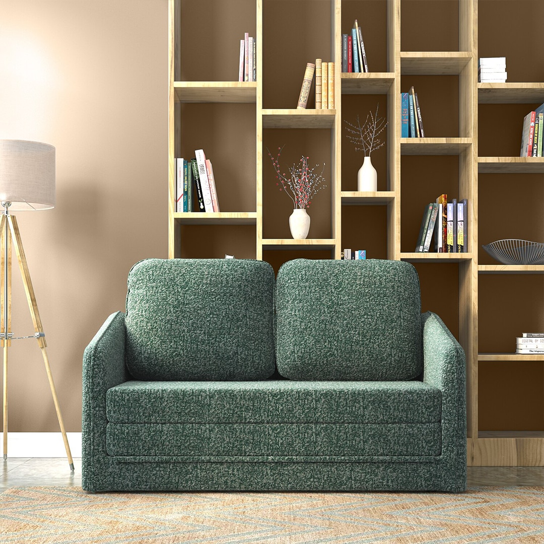 Kobi 2 Seater Fold Out Sofa Cum Bed in Speckled Teal Colour with topper