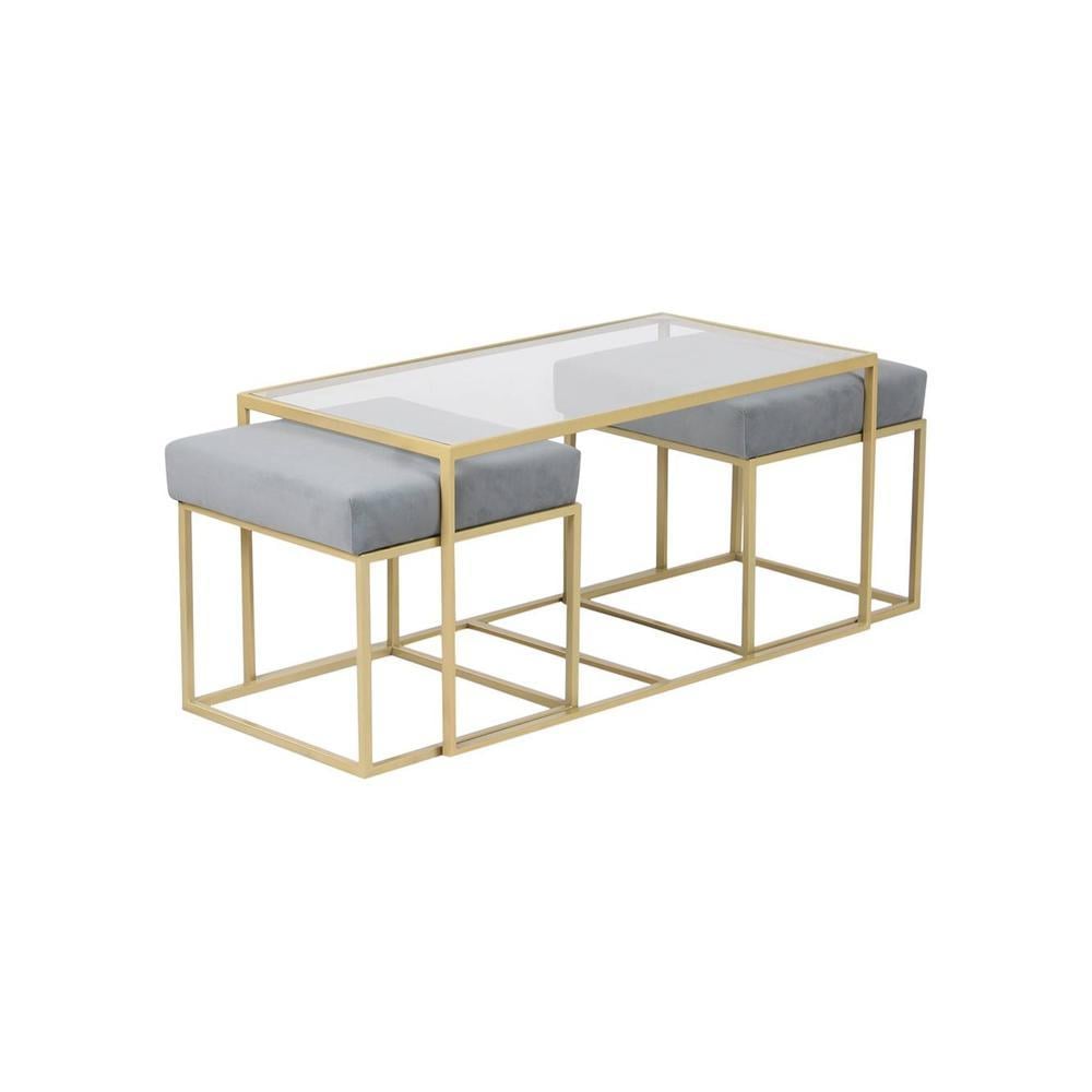 Benton Nesting Clear Glass Coffee Table Set With 2 Stools In Gold Finish