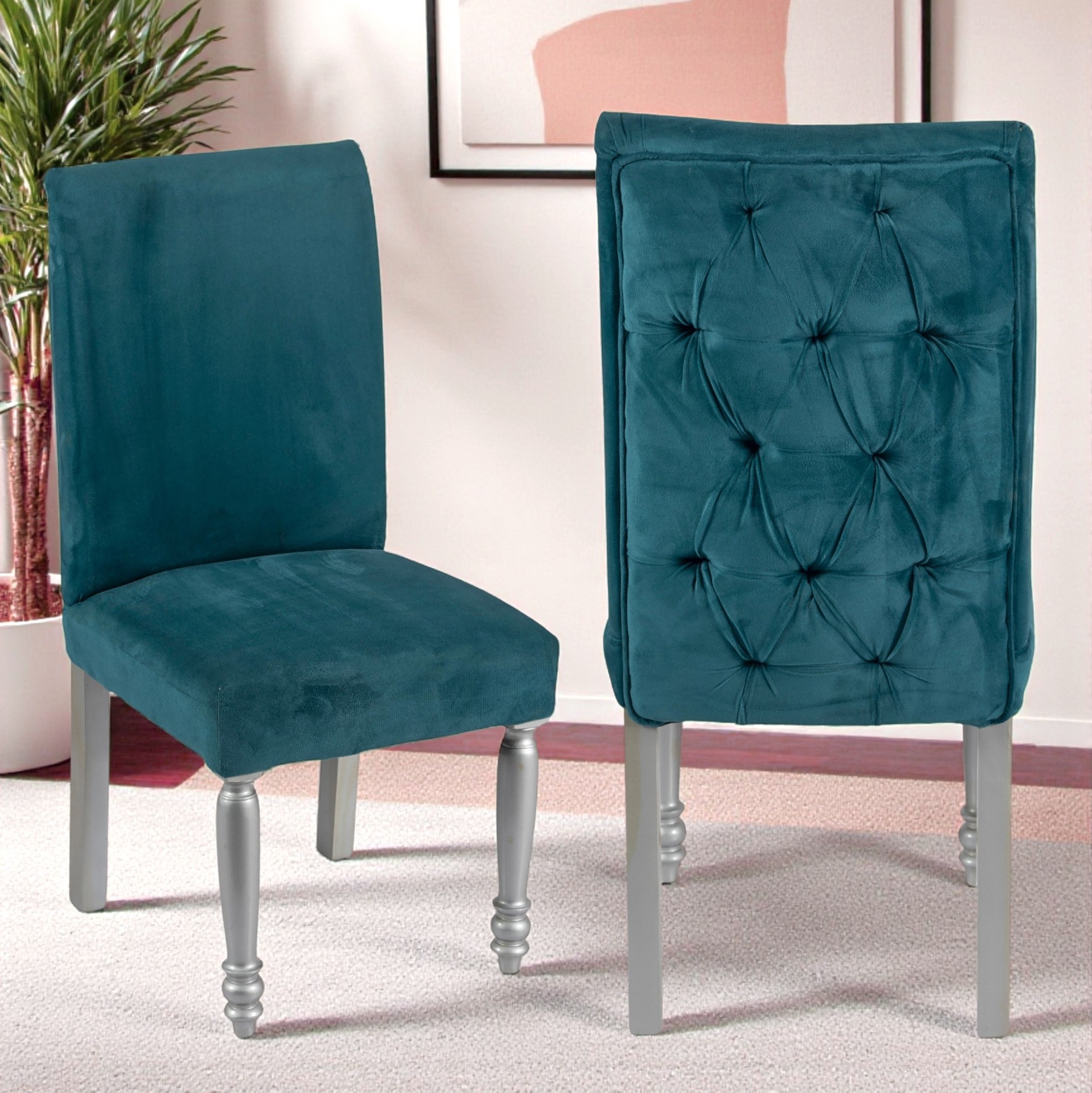 Oliver wood Set of 2 Dining Chairs in Turquoise Sea Velvet Upholstery with SILVER FINISH