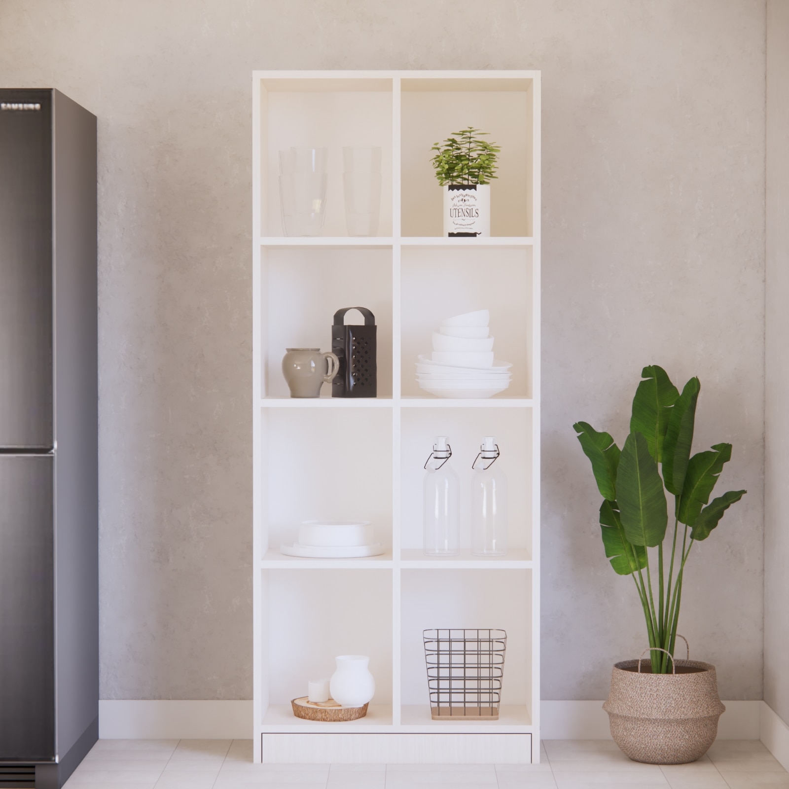 8 Shelves Open Multipurpose Matrix Kitchen Cabinet In Highland Pine Finish - Speciality Panels