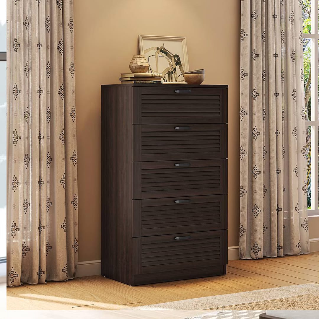 Bennis Engineered Wood Chest of 5 Drawers in Dark Walnut Finish