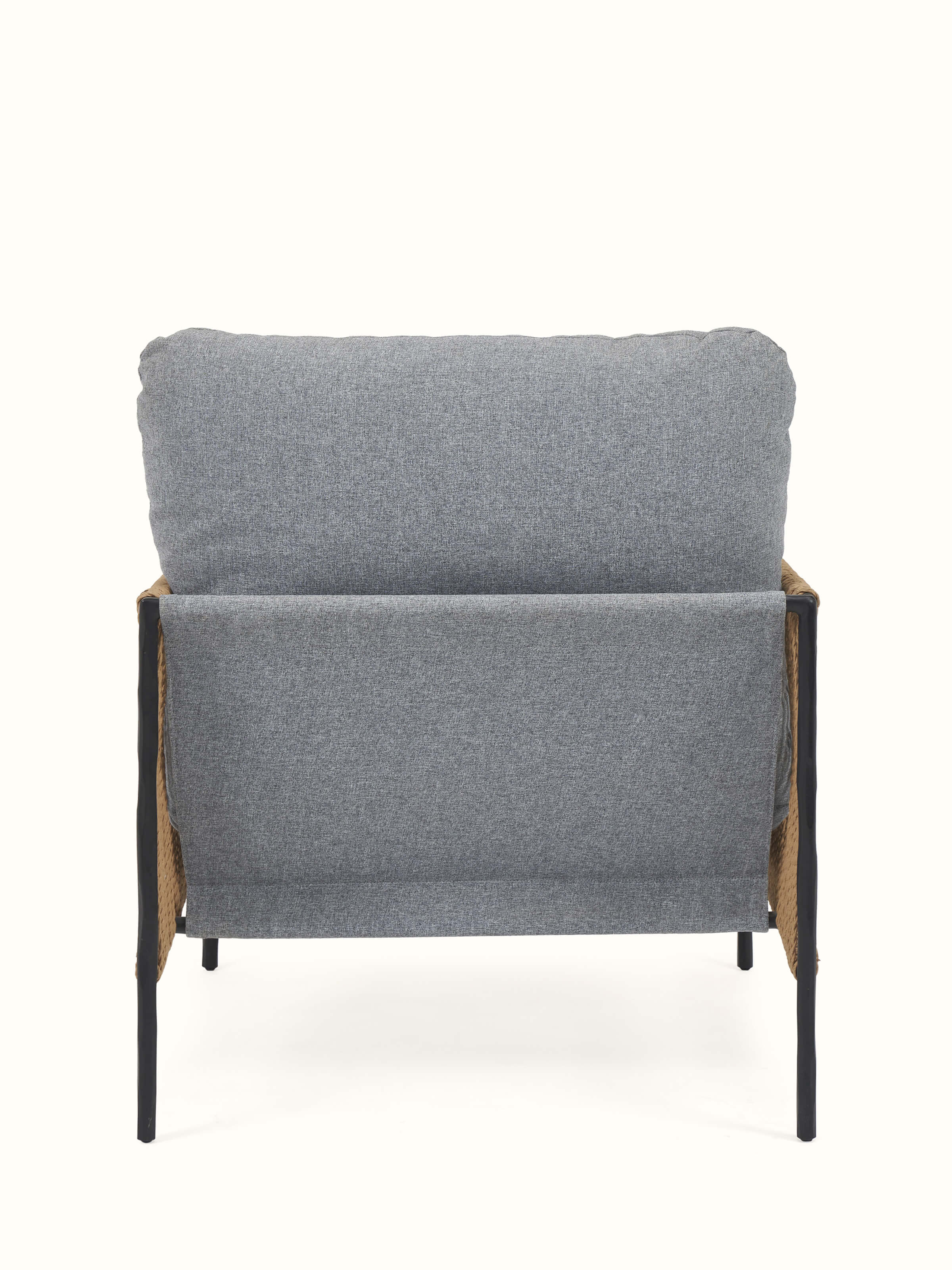 Base view of Upholstered Metal Paper Cord Weave Armchair showcasing the sturdy metal frame structure and woven design.