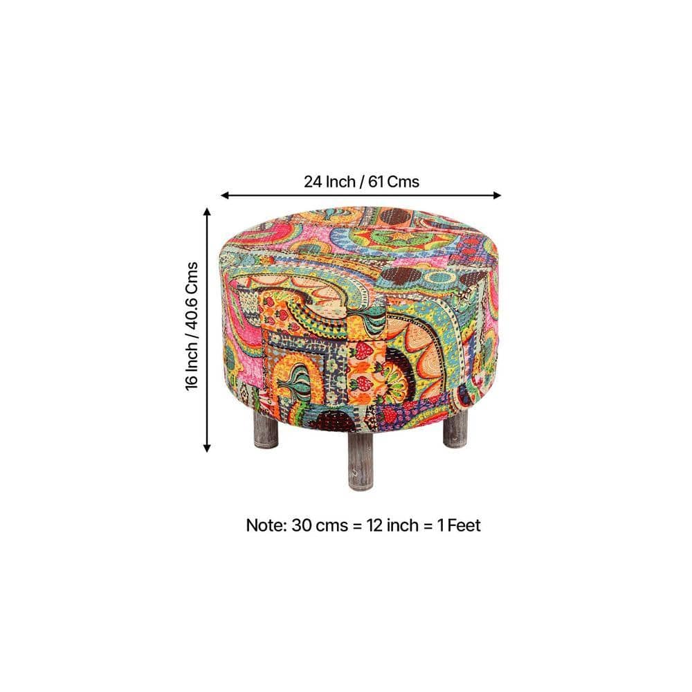 Rosslyn Solid Wood Ottoman Pouffee in Multi Colour Israel Print Kantha fabric