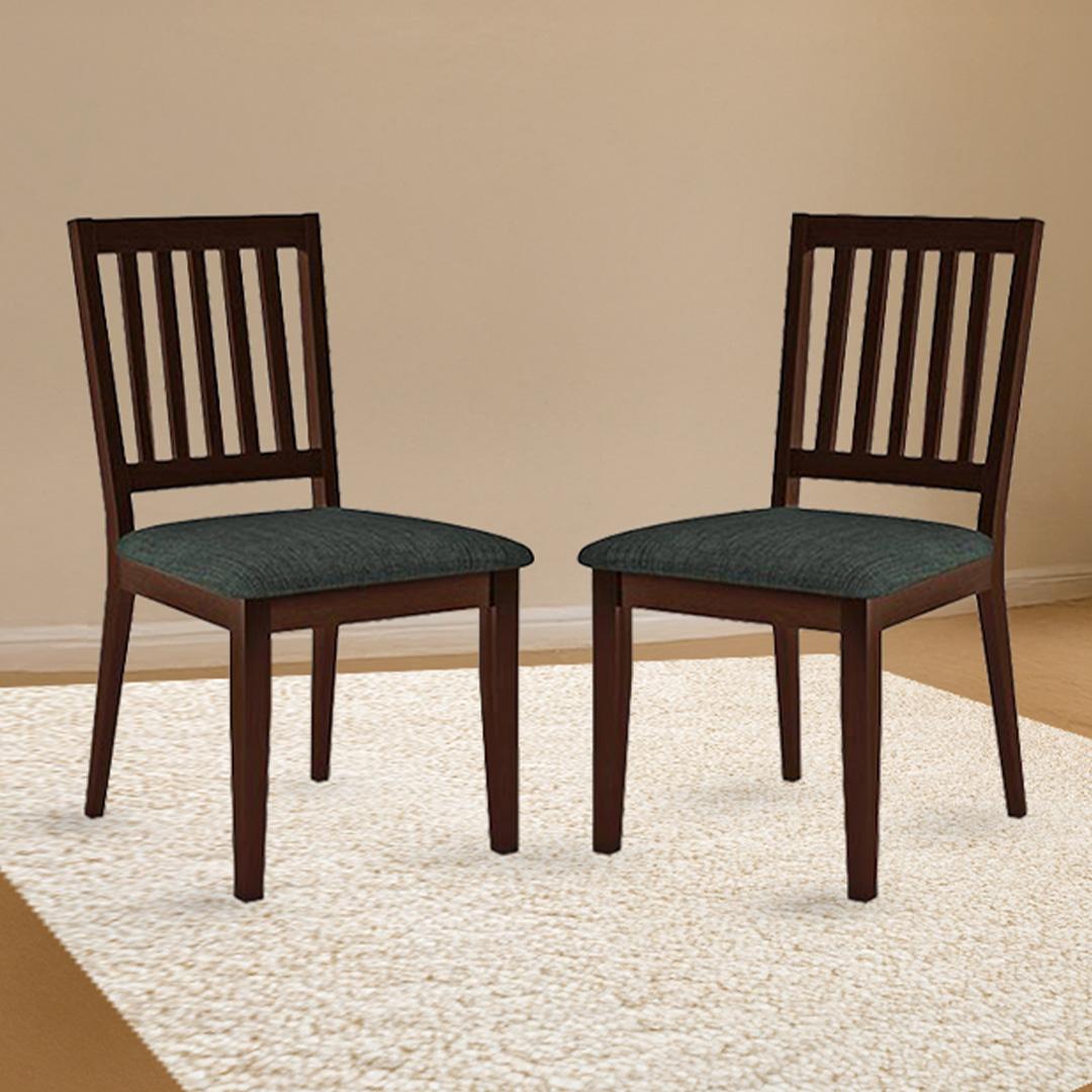 Diner Solid Wood Dining Chair Set Of 2 In Dark Walnut Finish With Grey Colour Fabric