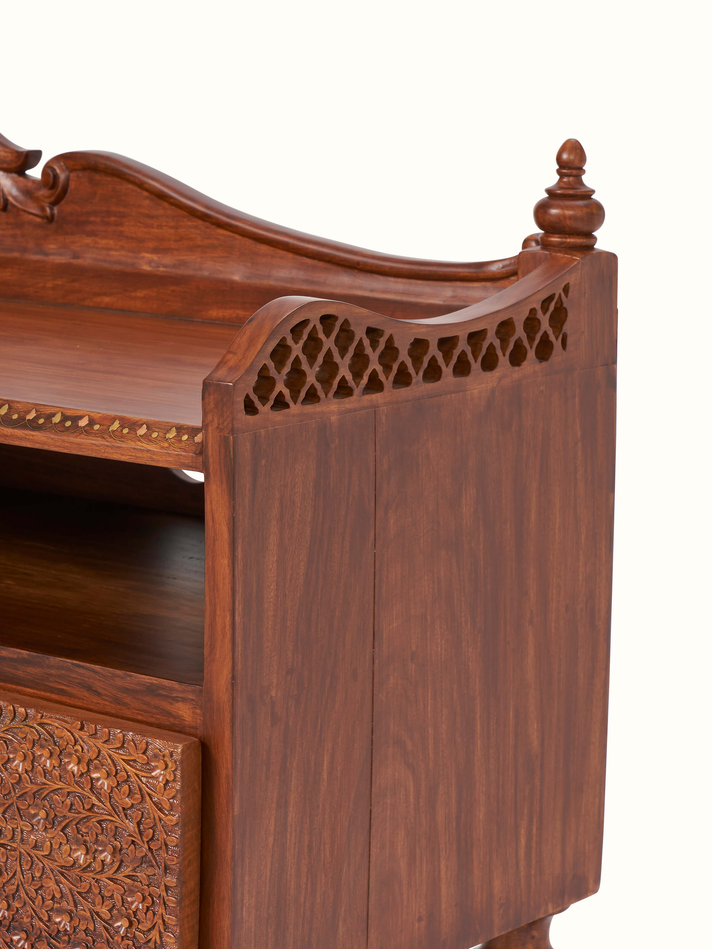 Close-up view of Carved Sheesham Wood Entertainment Unit, highlighting the fine woodwork and traditional craftsmanship.