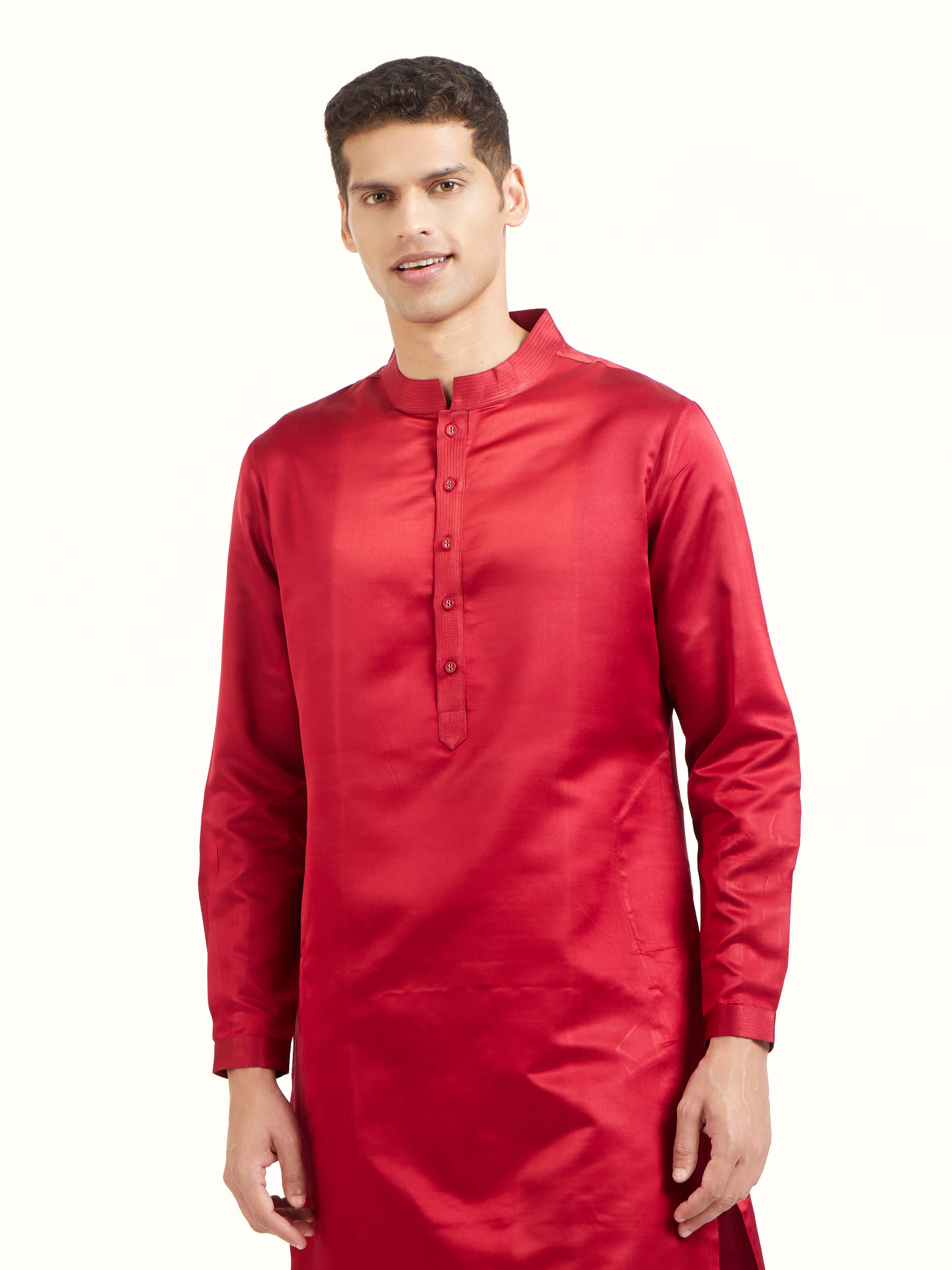 Angled view of maroon katan silk Banarasi long kurta churidar set showing detailed craftsmanship